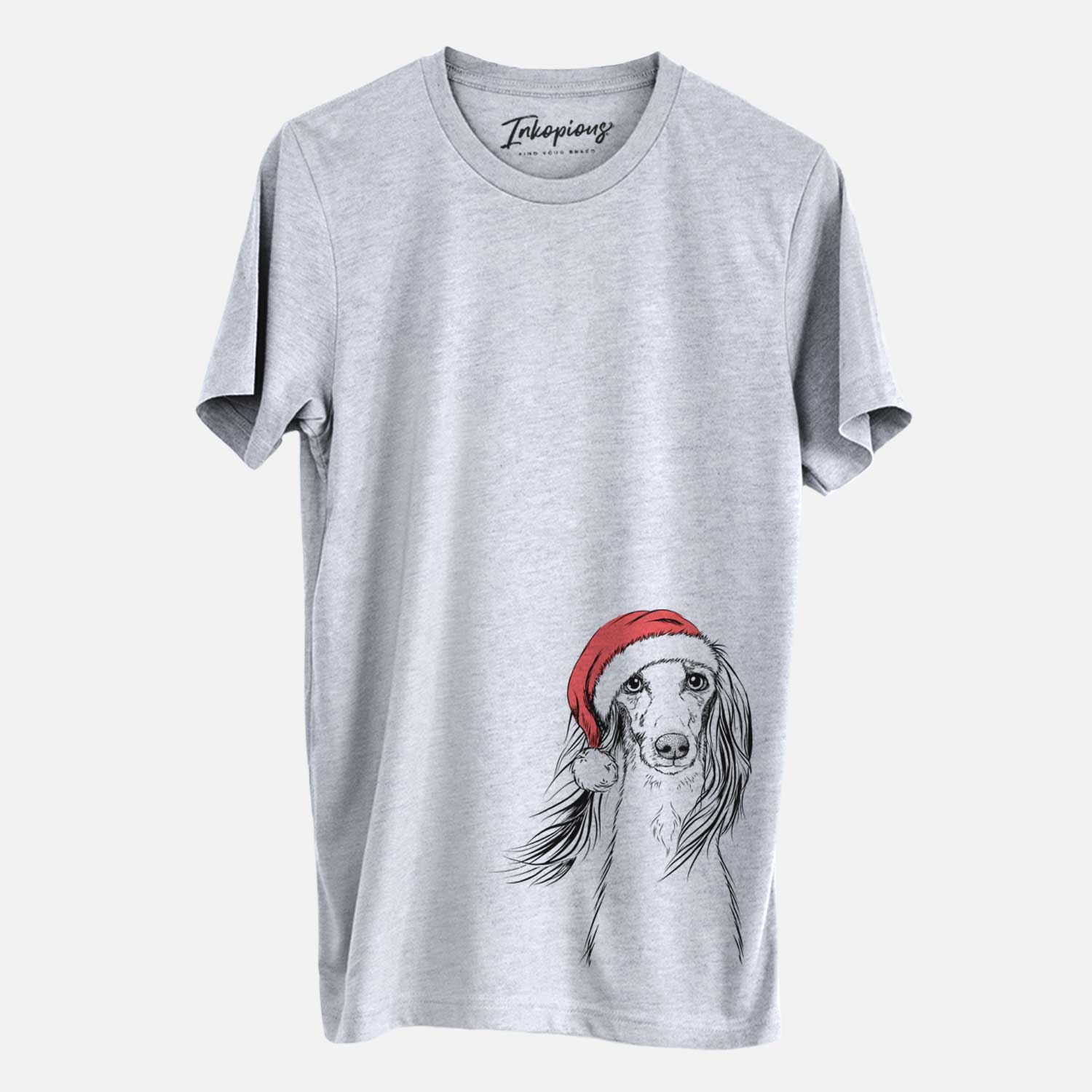 Hand-drawn sketch of Zahra the Saluki wearing a Santa hat on a Grey Unisex crewneck