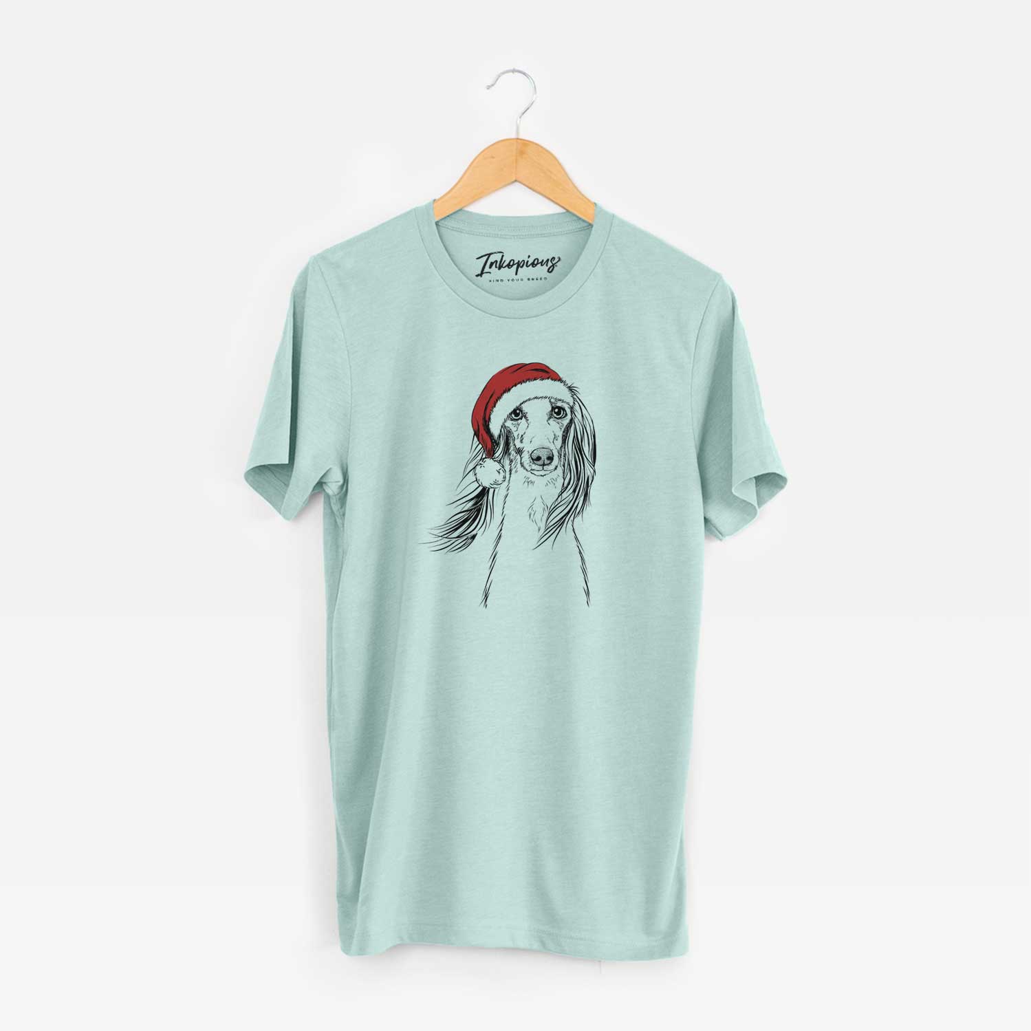 Hand-drawn sketch of Zahra the Saluki wearing a Santa hat on a Heather Sage Unisex crewneck