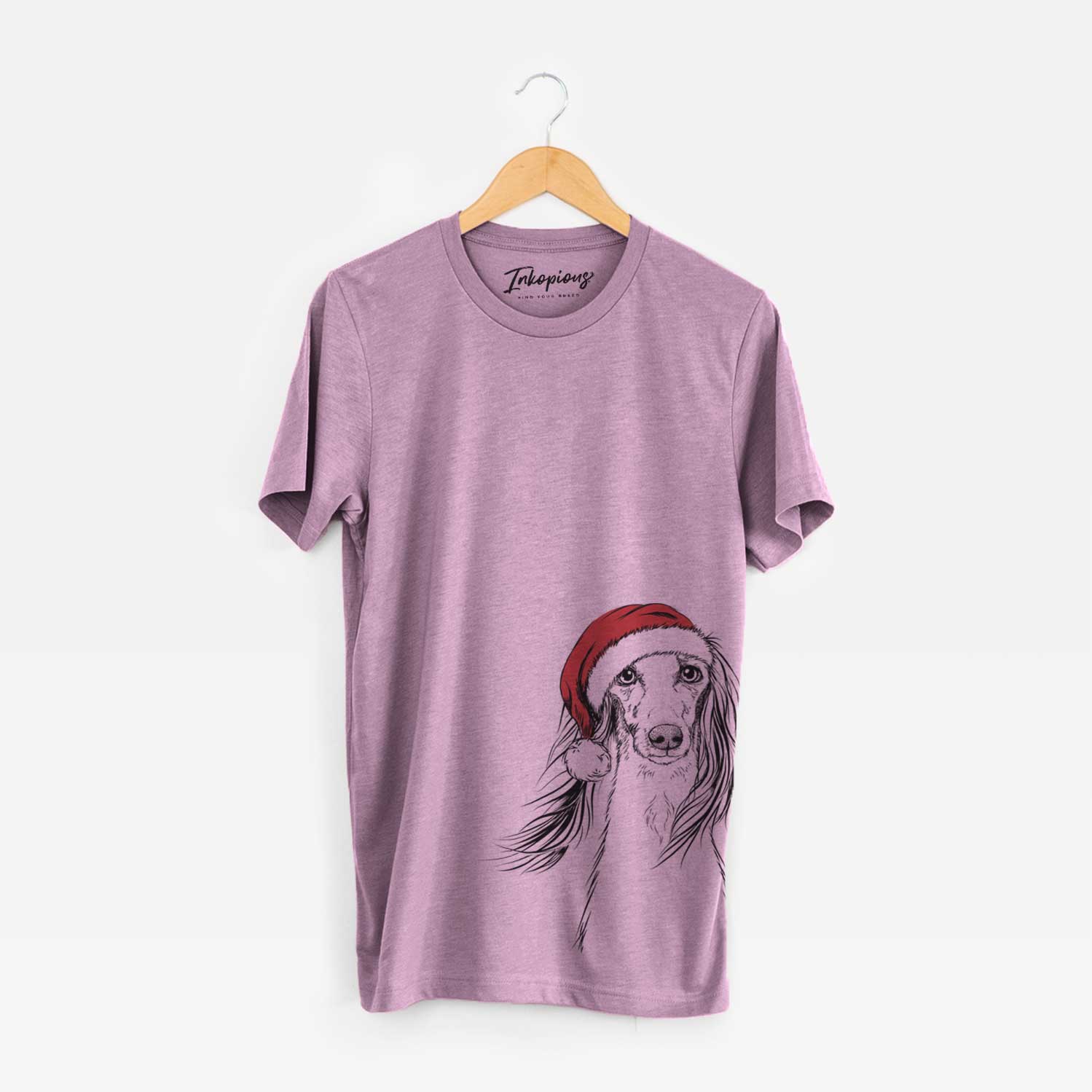 Hand-drawn sketch of Zahra the Saluki wearing a Santa hat on an Orchid Unisex crewneck