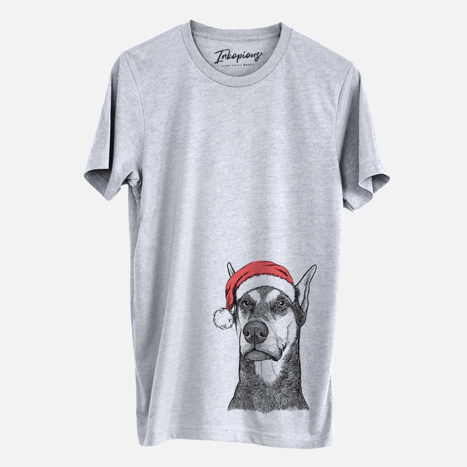 Hand-drawn sketch of Zeus the Doberman Pinscher wearing a Santa hat on a Grey Unisex crewneck