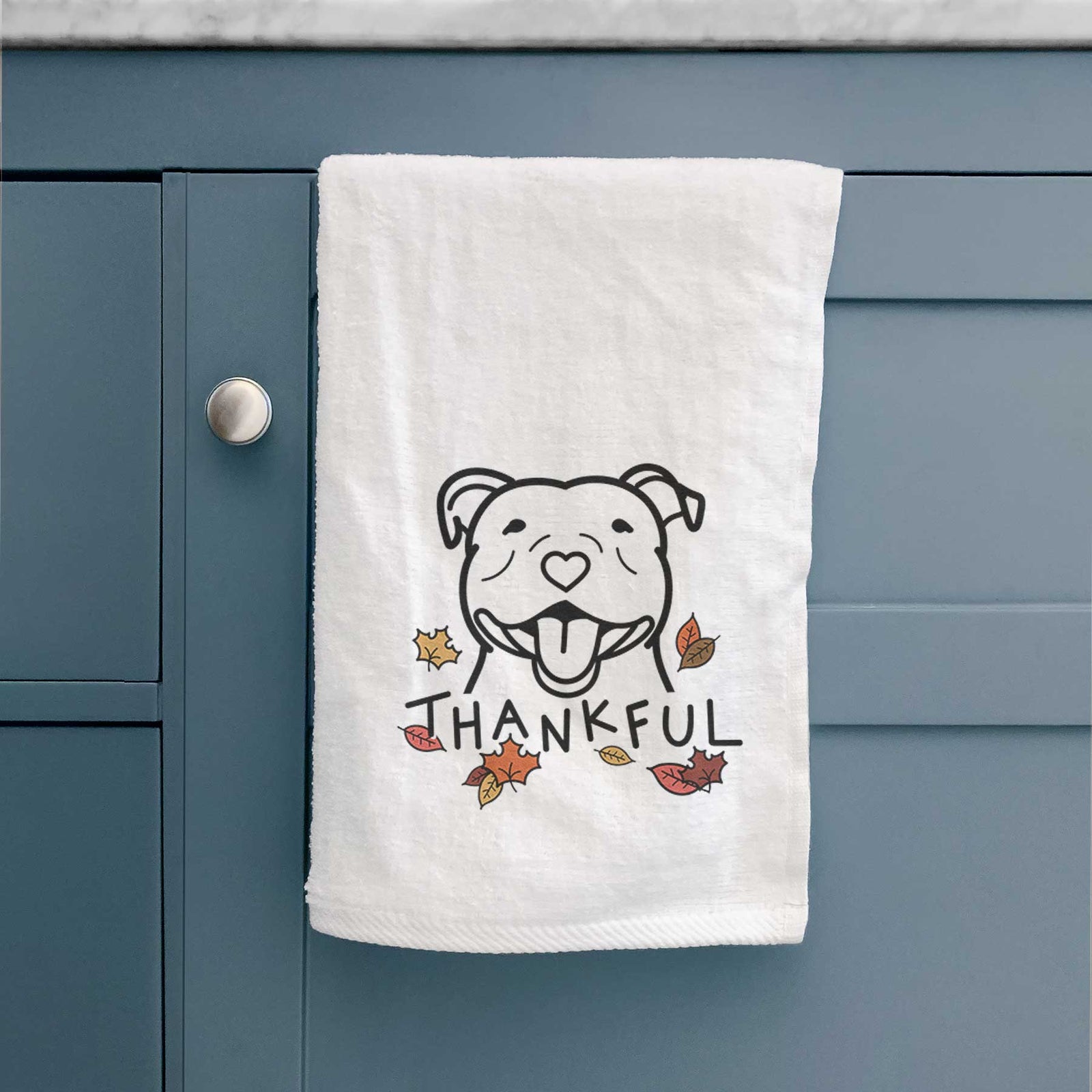 Minimalist line drawing of a Happy American Staffordshire Terrier with 'Thankful' lettering on a decorative hand towel