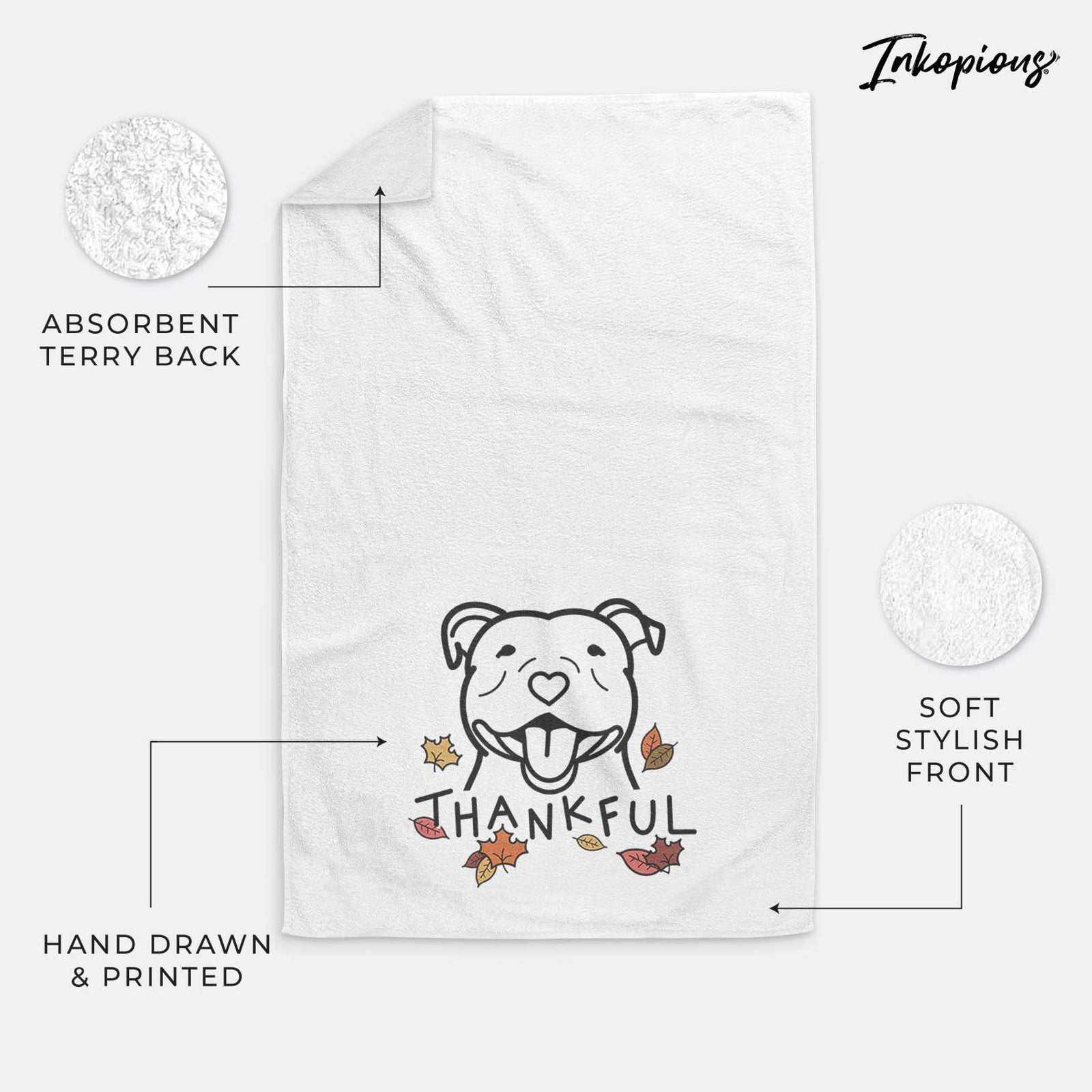 Minimalist line drawing of a Happy American Staffordshire Terrier with 'Thankful' lettering on a decorative hand towel