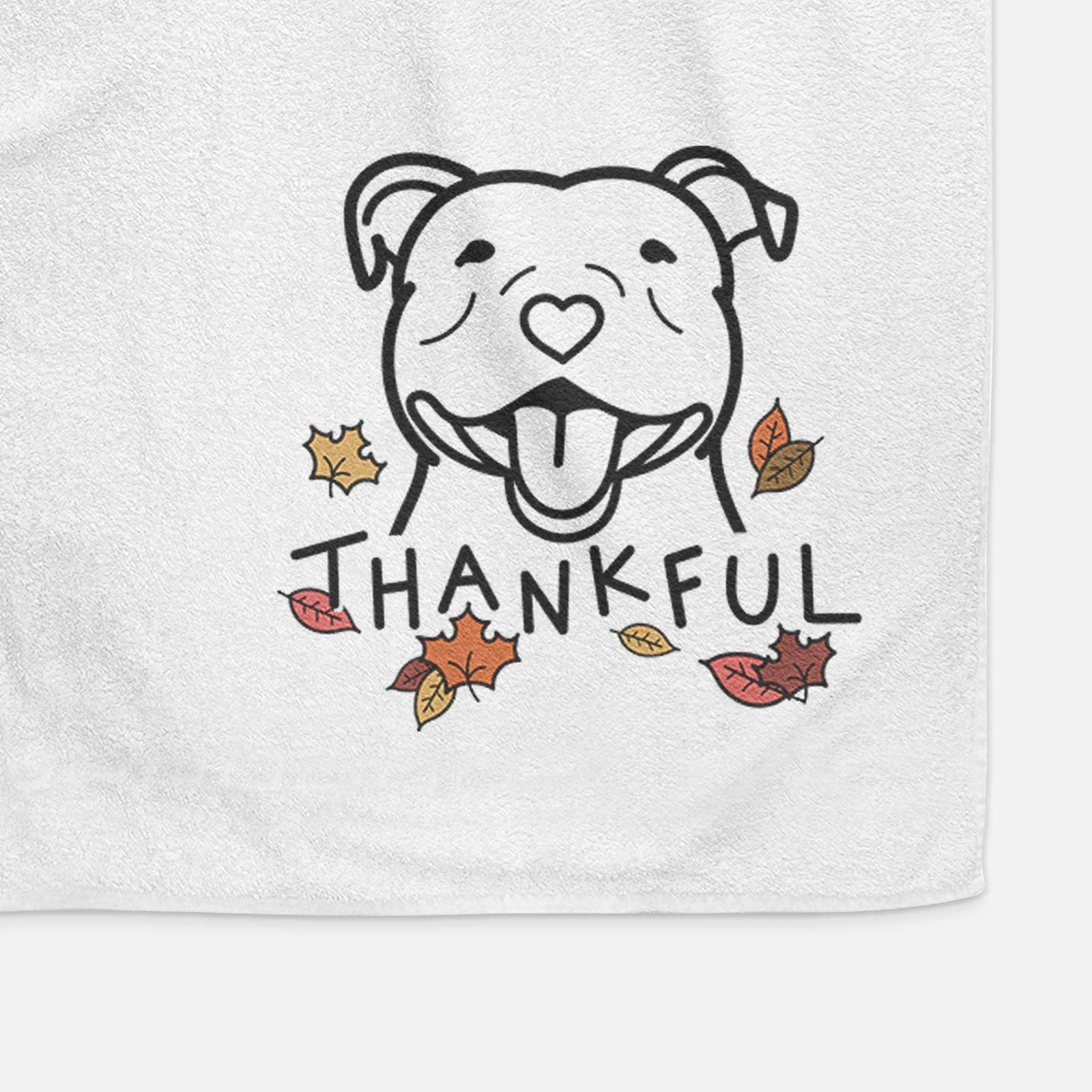 Minimalist line drawing of a Happy American Staffordshire Terrier with 'Thankful' lettering on a decorative hand towel