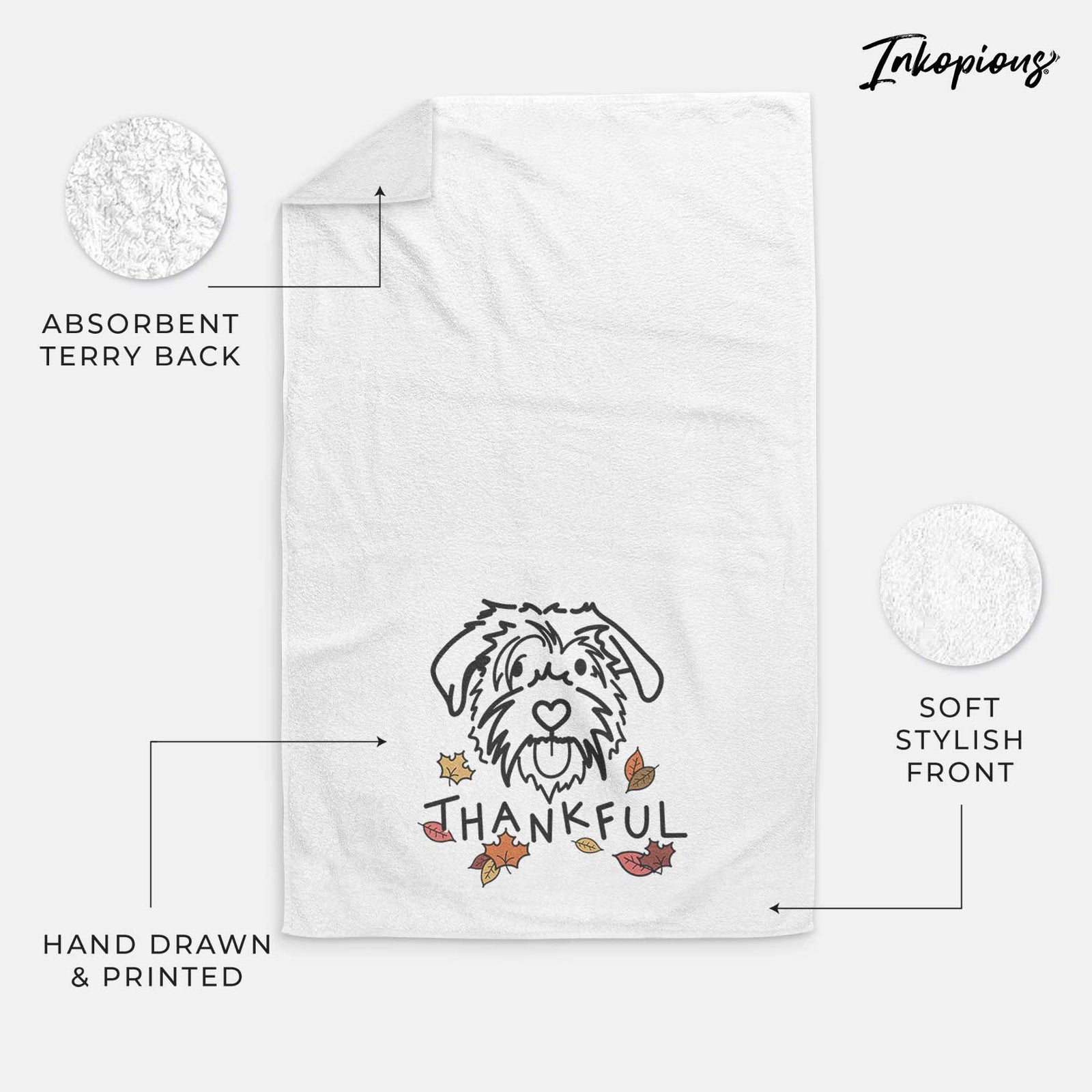 Minimalist line drawing of Amal the Scottish Terrier Border Collie Mix with 'Thankful' lettering on a decorative hand towel