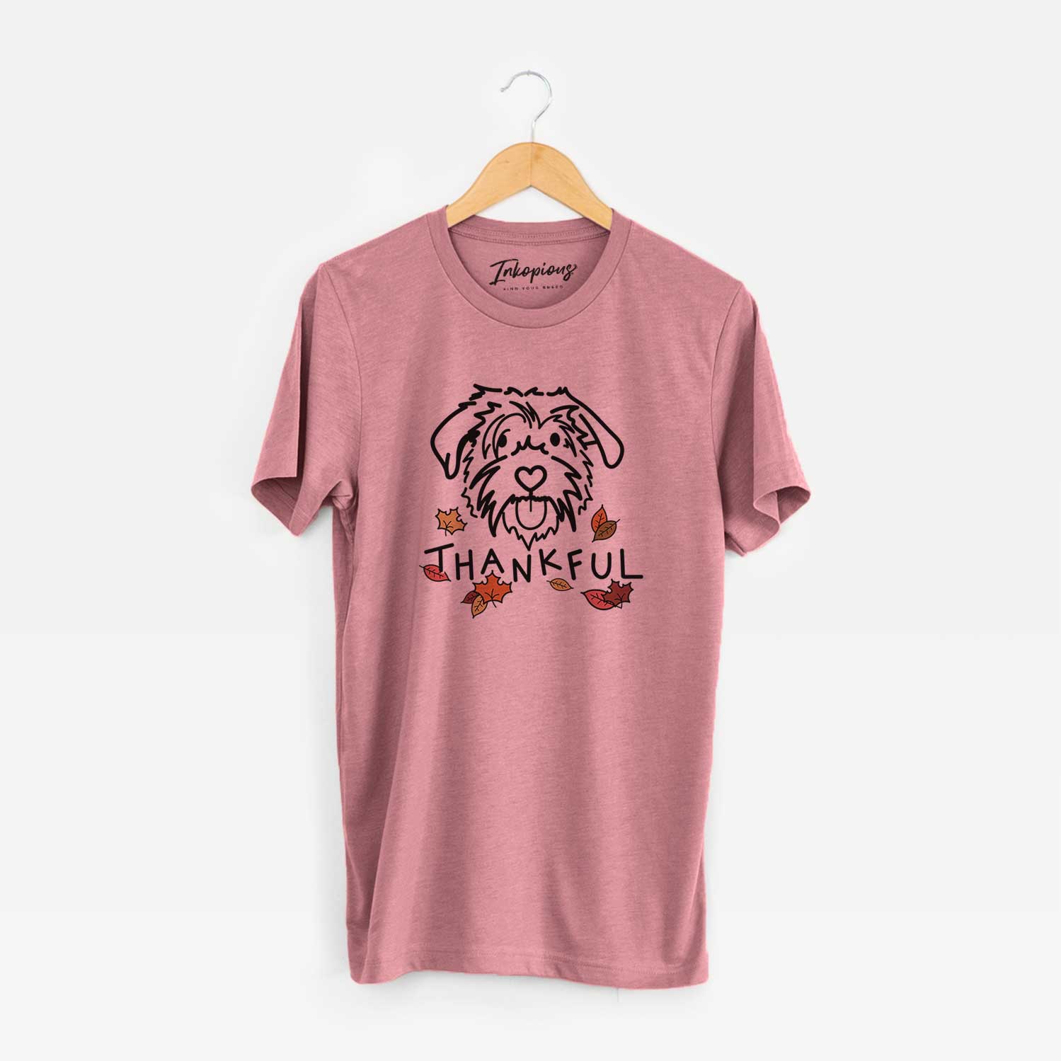 Minimalist line drawing of Amal the Scottish Terrier Border Collie Mix with 'Thankful' lettering on a Mauve Unisex crewneck