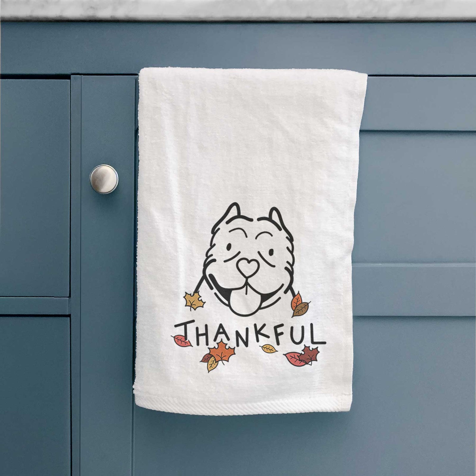 Minimalist line drawing of an American Bully with 'Thankful' lettering on a decorative hand towel