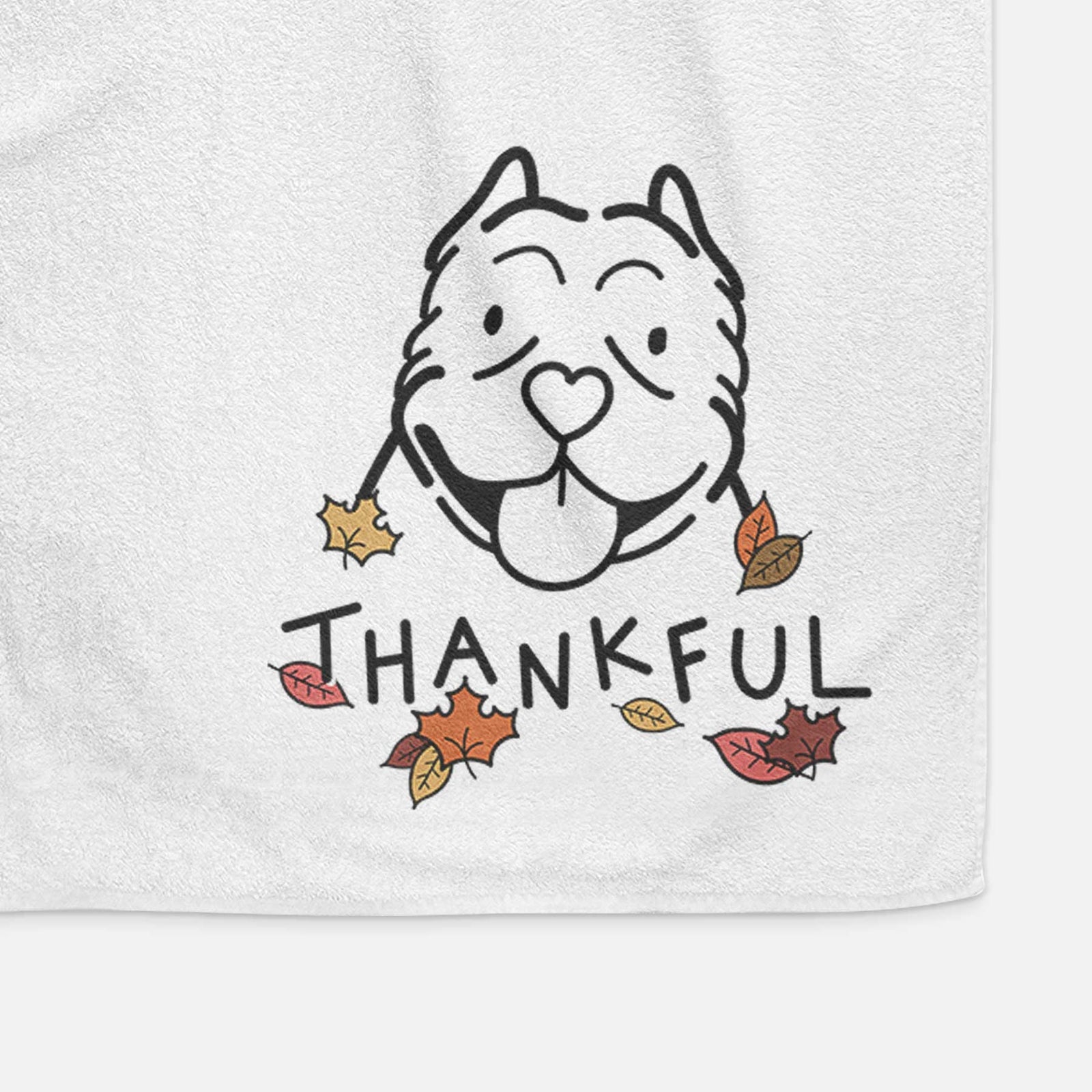 Minimalist line drawing of an American Bully with 'Thankful' lettering on a decorative hand towel