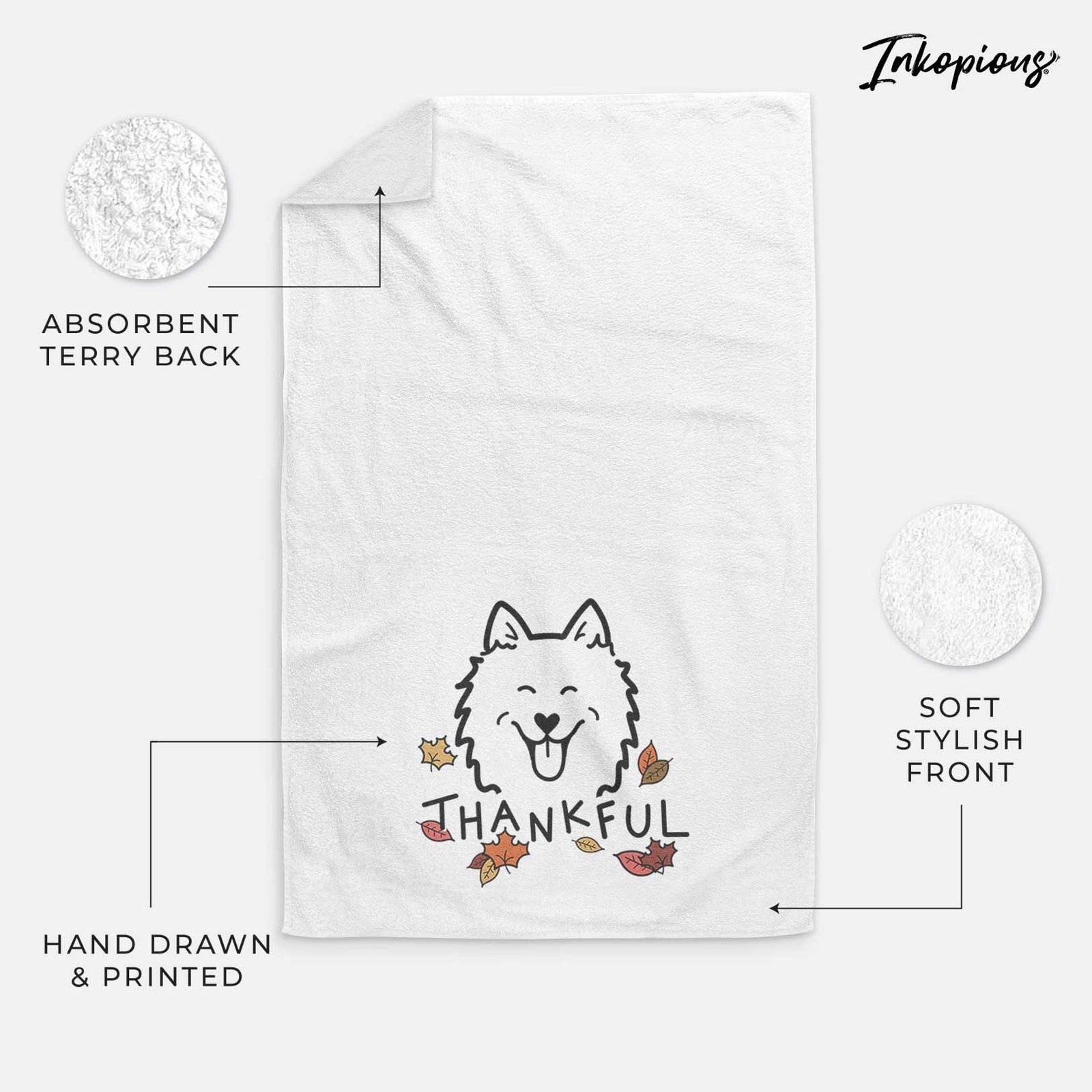 Minimalist line drawing of an American Eskimo with 'Thankful' lettering on a decorative hand towel
