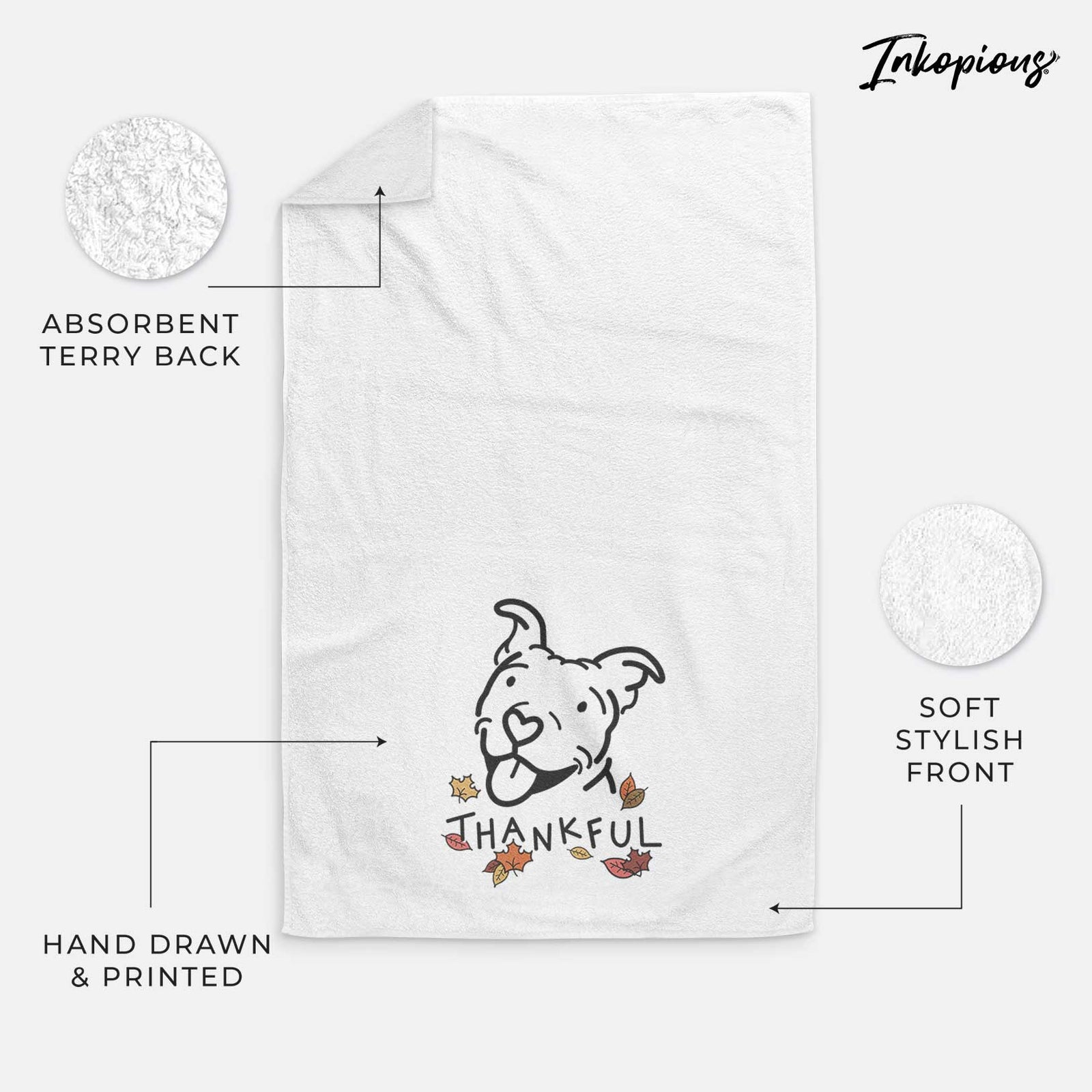 Minimalist line drawing of Arlo the Pitbull with 'Thankful' lettering on a decorative hand towel