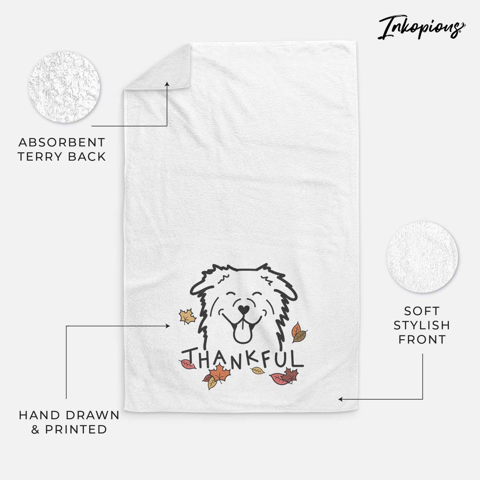 Minimalist line drawing of an Australian Shepherd with 'Thankful' lettering on a decorative hand towel