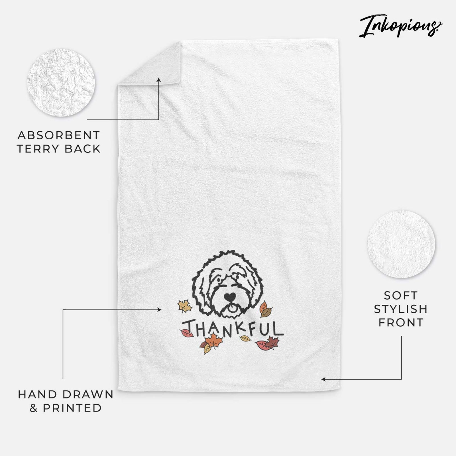 Minimalist line drawing of an Aussiedoodle with 'Thankful' lettering on a decorative hand towel