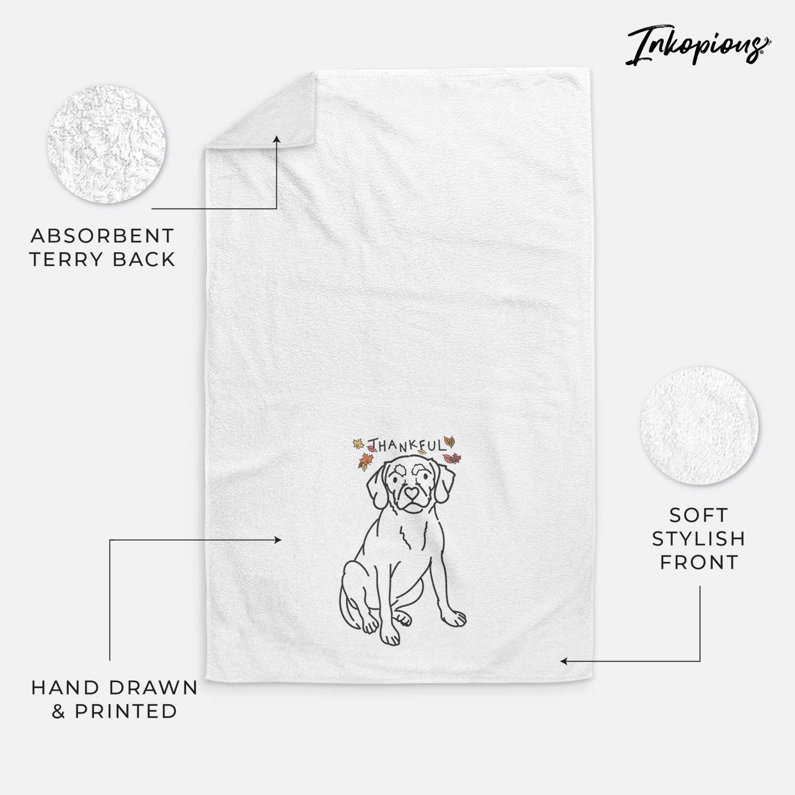 Minimalist line drawing of Babs the Puggle with 'Thankful' lettering on a decorative hand towel