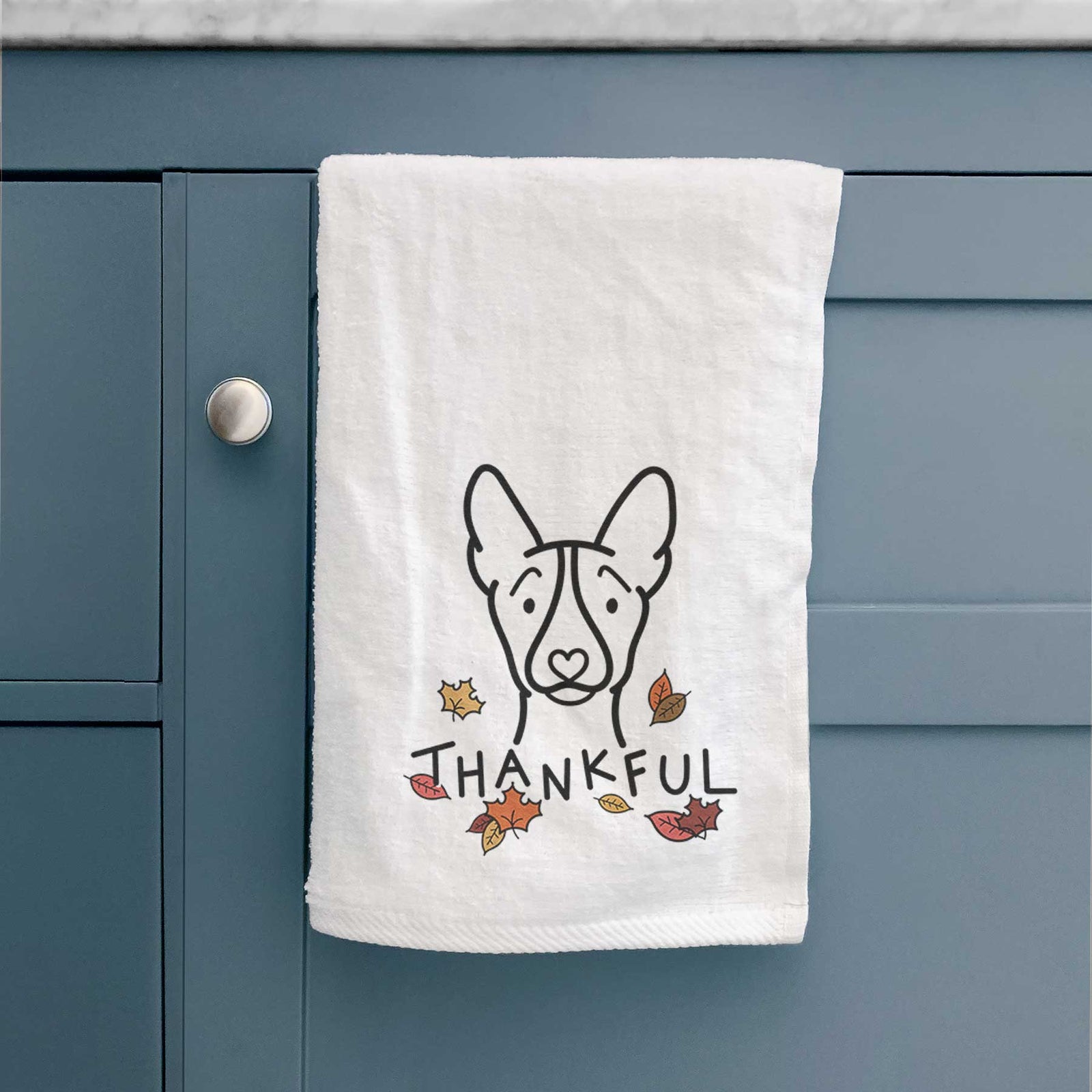 Minimalist line drawing of a Basenji with 'Thankful' lettering on a decorative hand towel