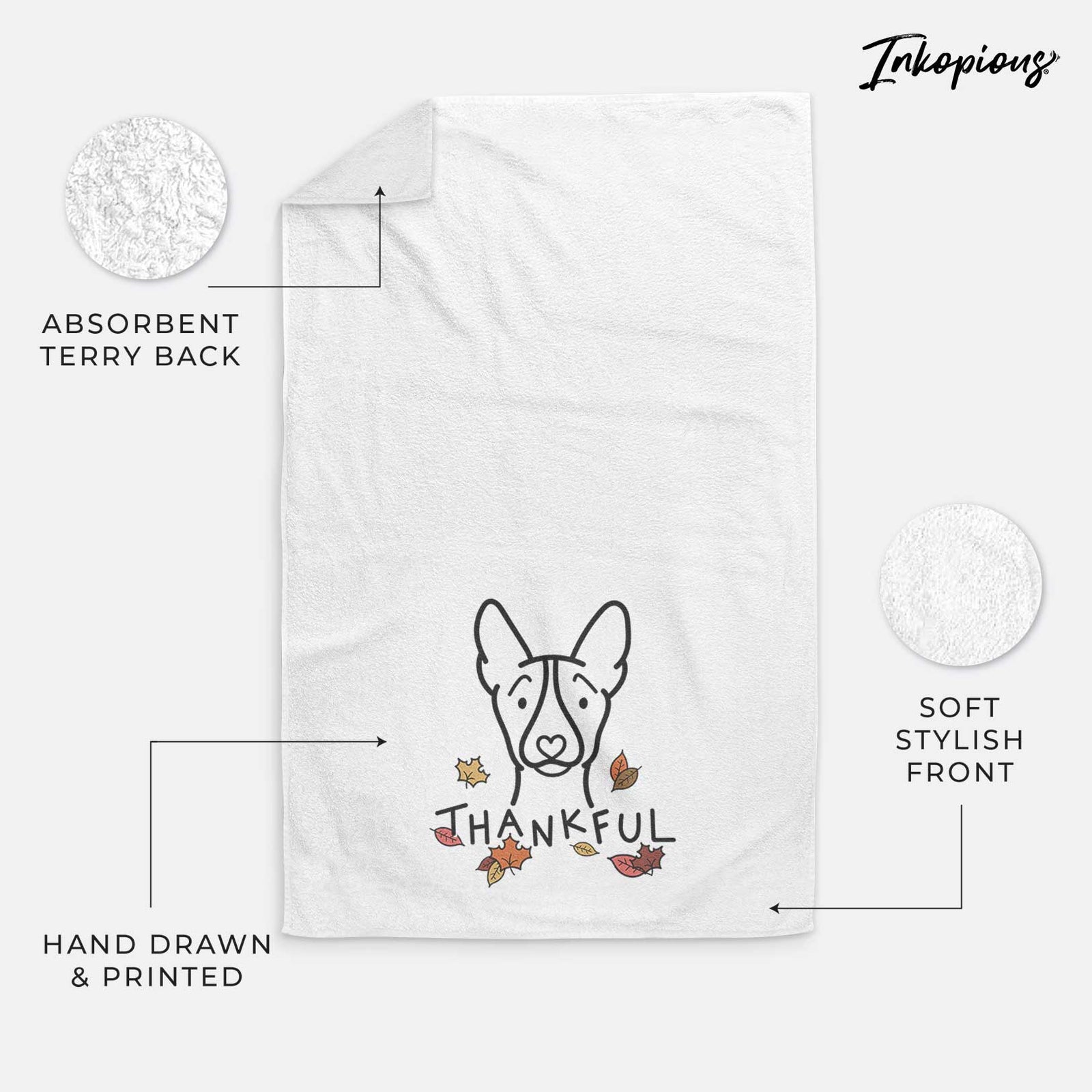 Minimalist line drawing of a Basenji with 'Thankful' lettering on a decorative hand towel