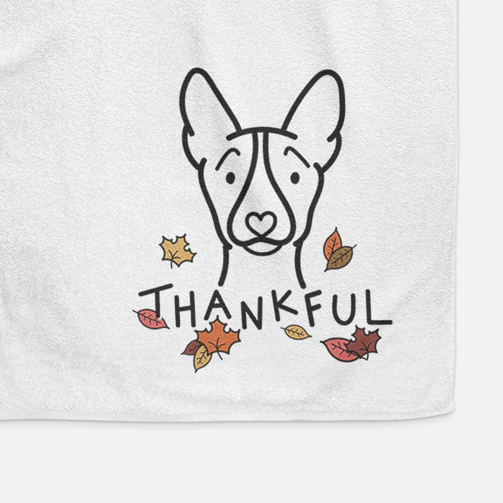 Minimalist line drawing of a Basenji with 'Thankful' lettering on a decorative hand towel