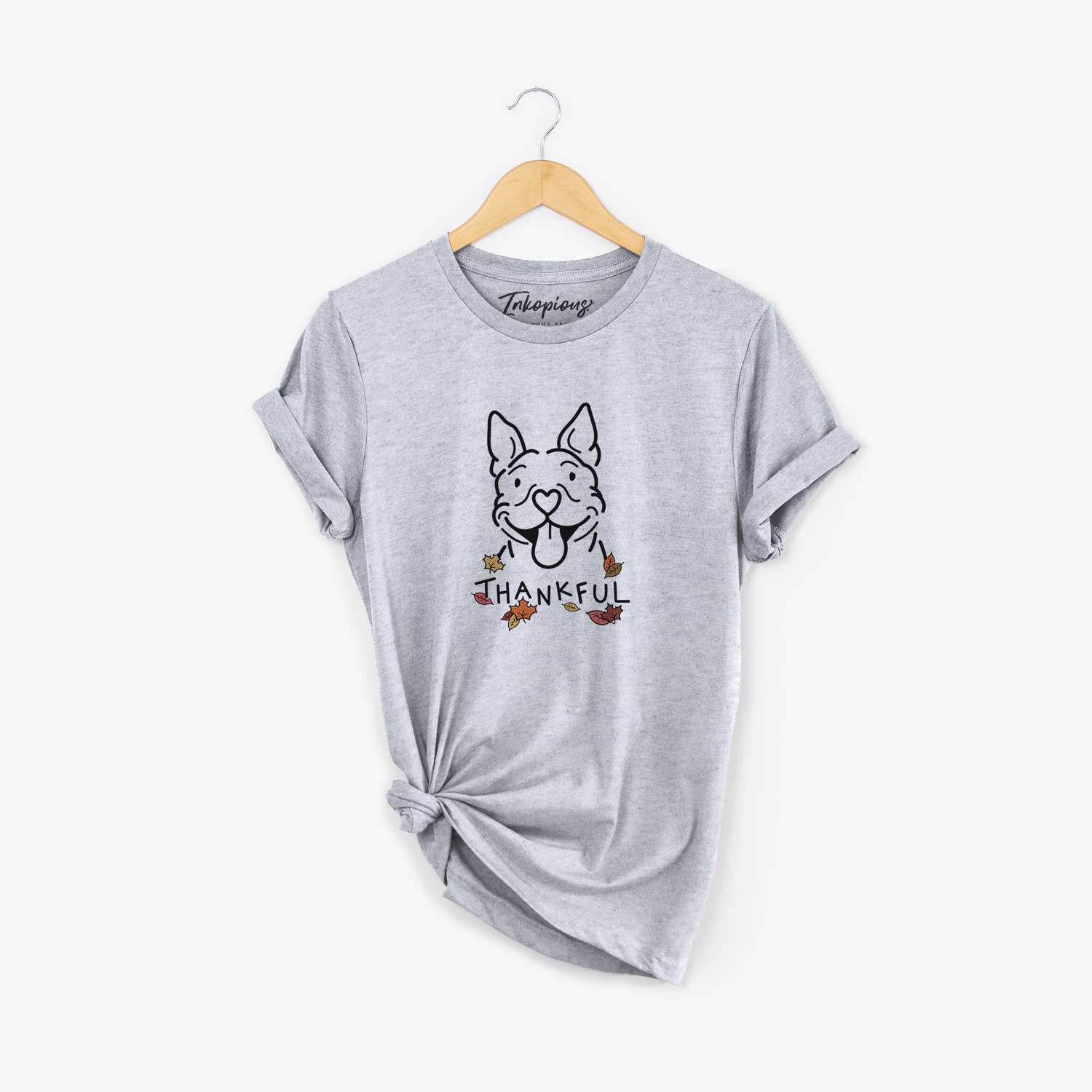 Minimalist line drawing of Basil the Pitbull with 'Thankful' lettering on a Grey Unisex crewneck