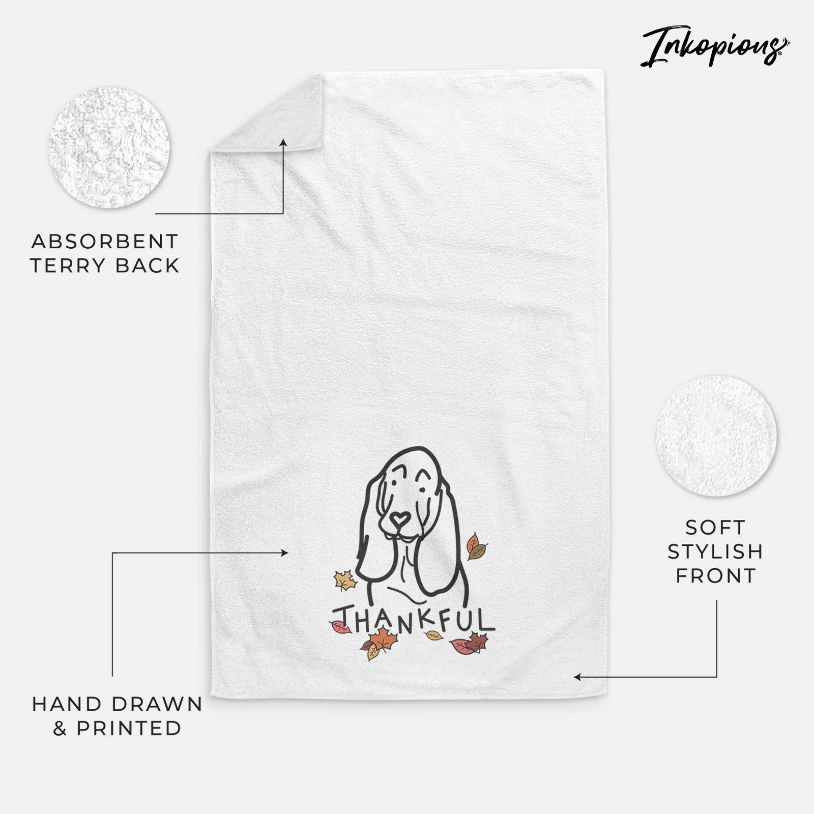 Minimalist line drawing of a Basset Hound with 'Thankful' lettering on a decorative hand towel