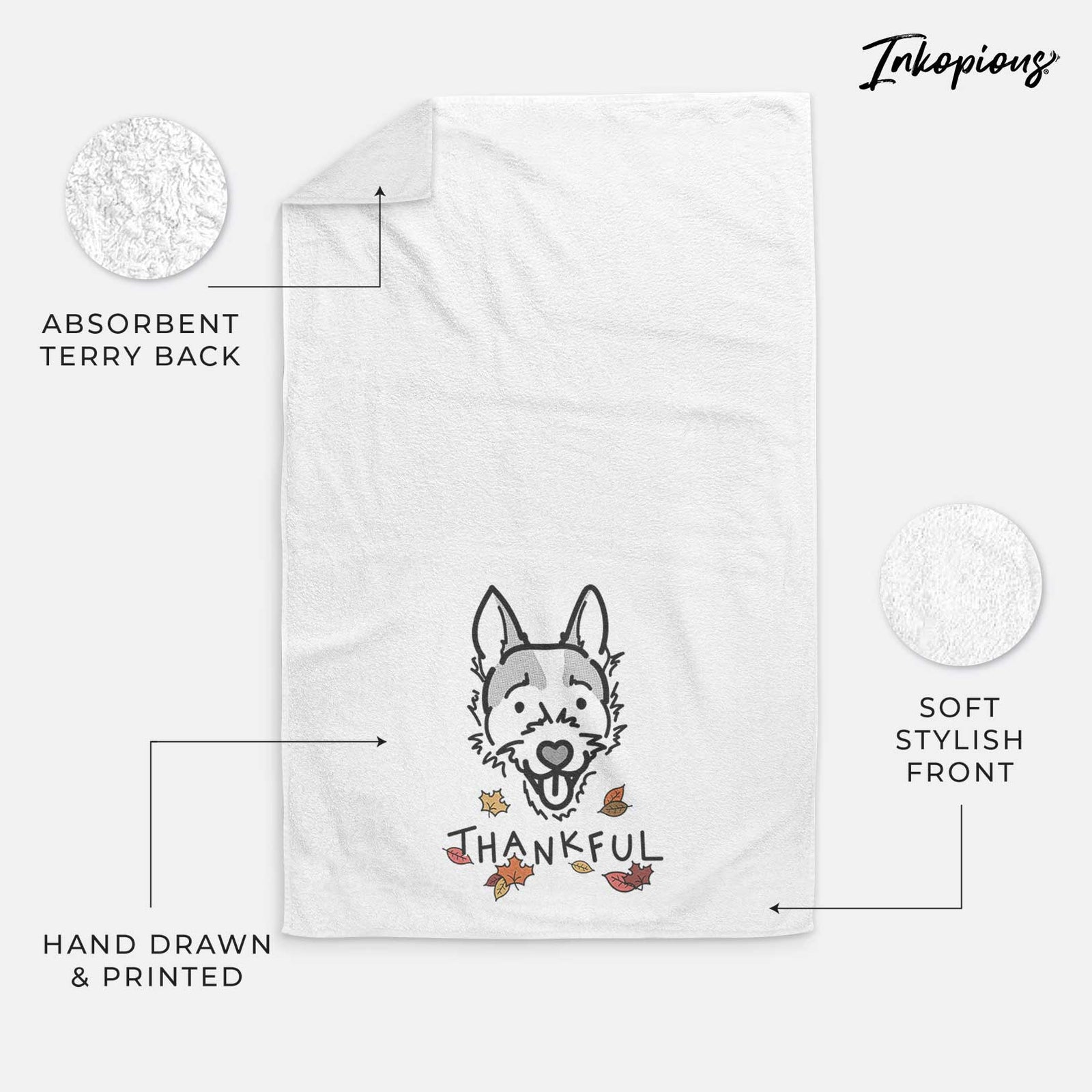 Minimalist line drawing of Baxter the Jack Russell Terrier with 'Thankful' lettering on a decorative hand towel