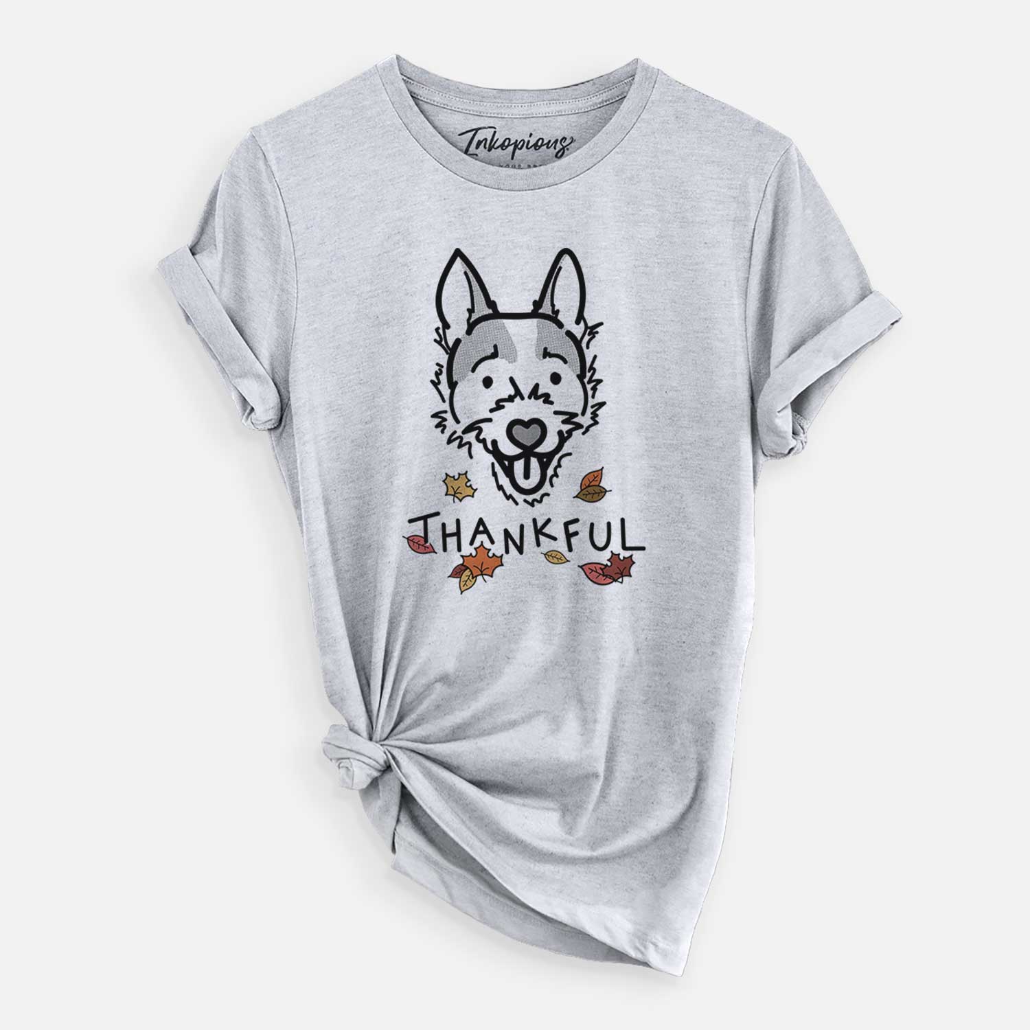 Minimalist line drawing of Baxter the Jack Russell Terrier with 'Thankful' lettering on a Grey Unisex crewneck