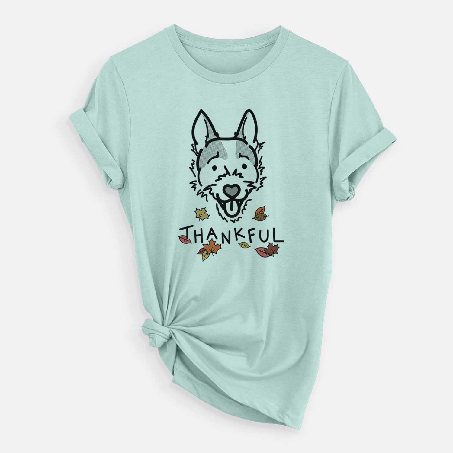 Minimalist line drawing of Baxter the Jack Russell Terrier with 'Thankful' lettering on a Heather Sage Unisex crewneck