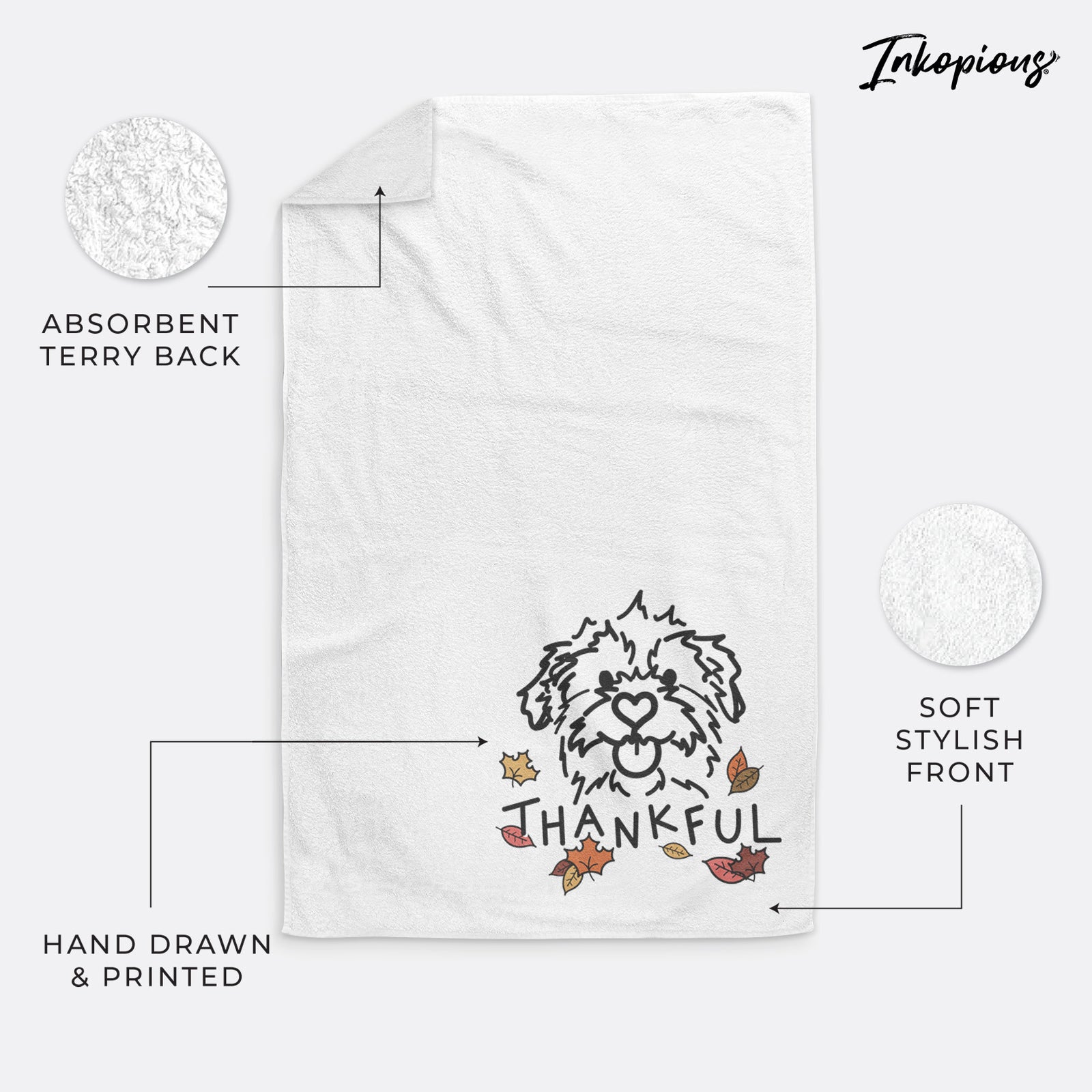 Minimalist line drawing of Bea the Mixed Breed with 'Thankful' lettering on a decorative hand towel