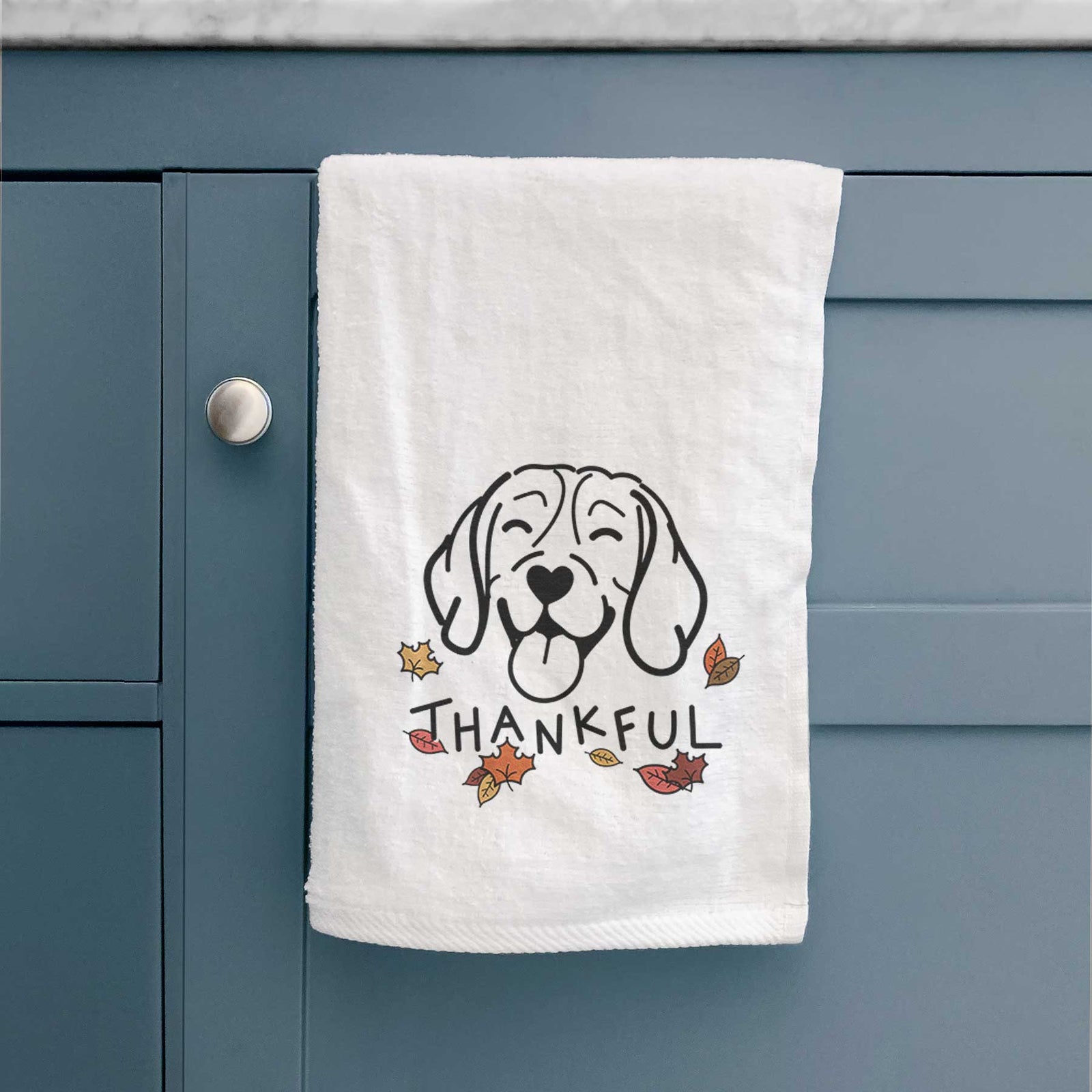 Minimalist line drawing of a Beagle with 'Thankful' lettering on a decorative hand towel