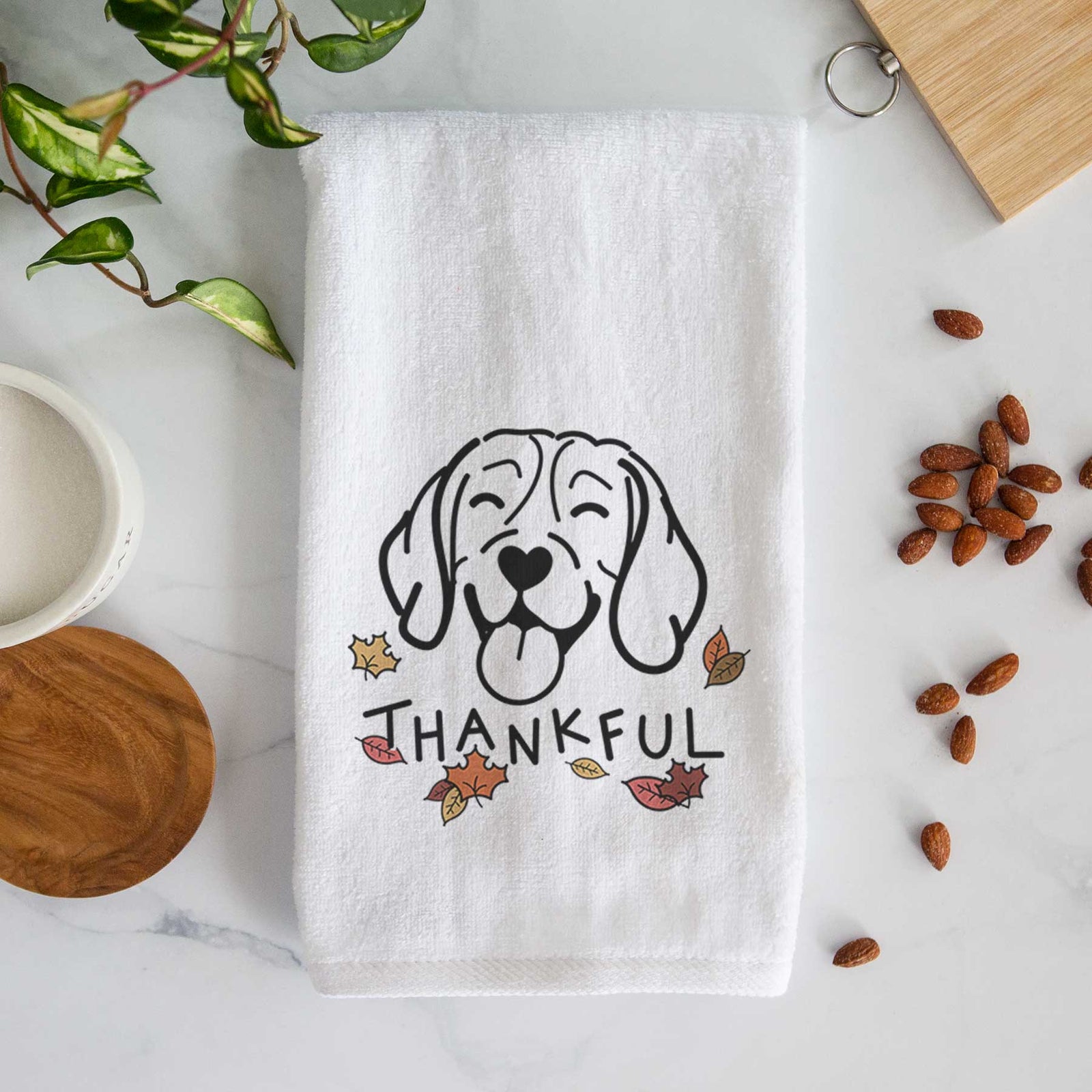 Minimalist line drawing of a Beagle with 'Thankful' lettering on a decorative hand towel
