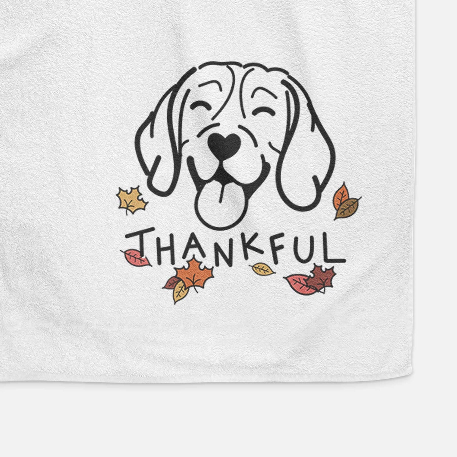Minimalist line drawing of a Beagle with 'Thankful' lettering on a decorative hand towel