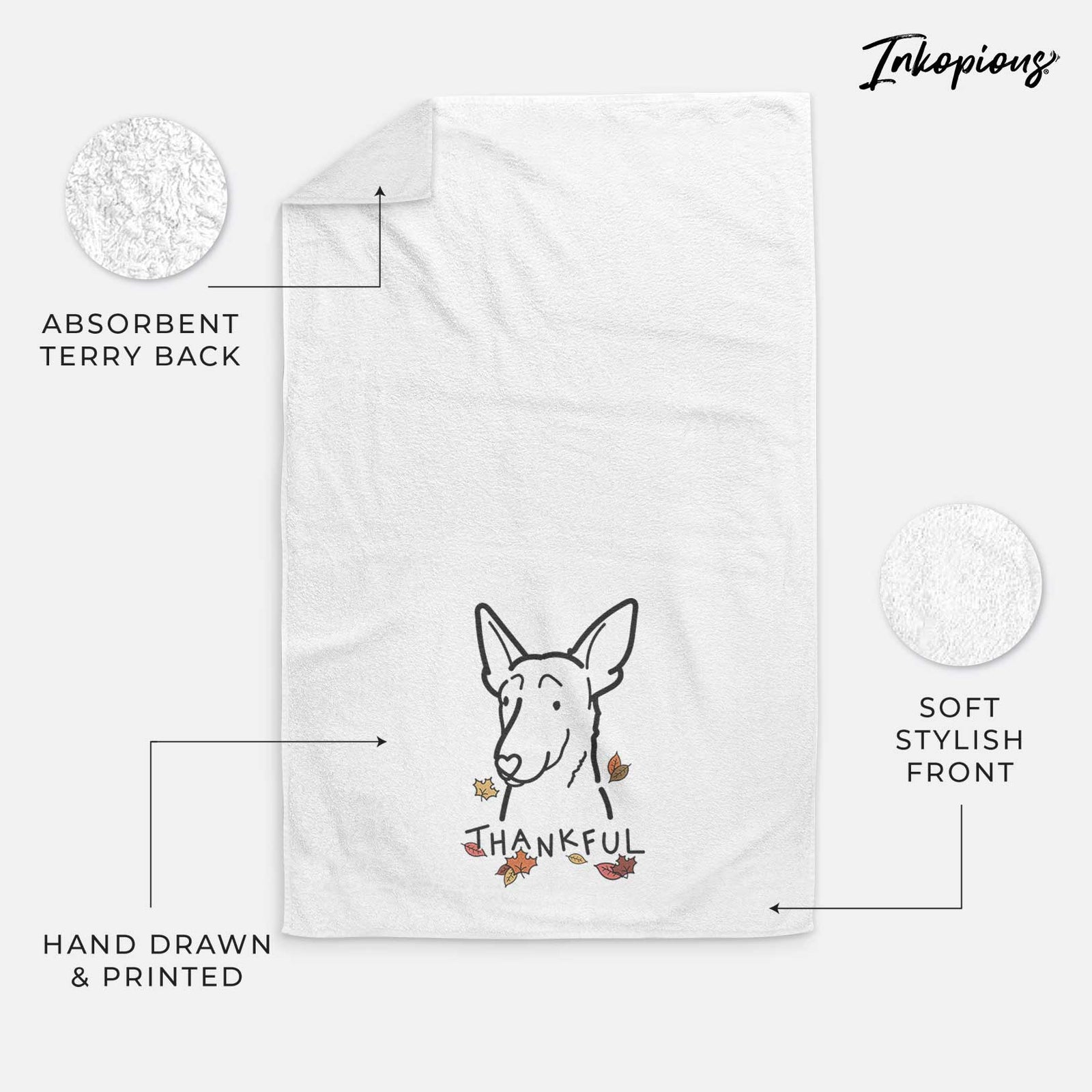 Minimalist line drawing of a Belgian Malinois with 'Thankful' lettering on a decorative hand towel