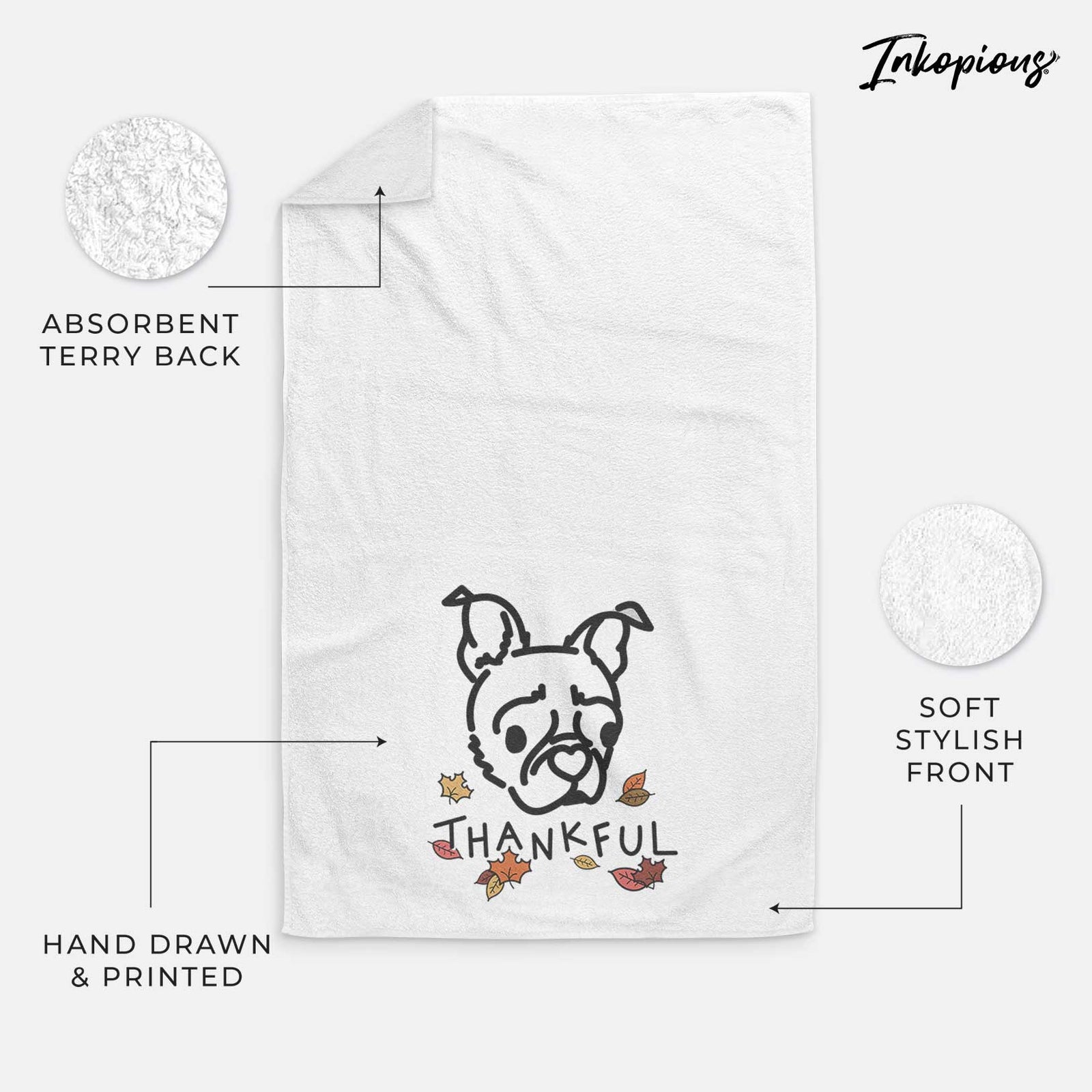 Minimalist line drawing of Bella the Pug Boston Terrier Mix with 'Thankful' lettering on a decorative hand towel