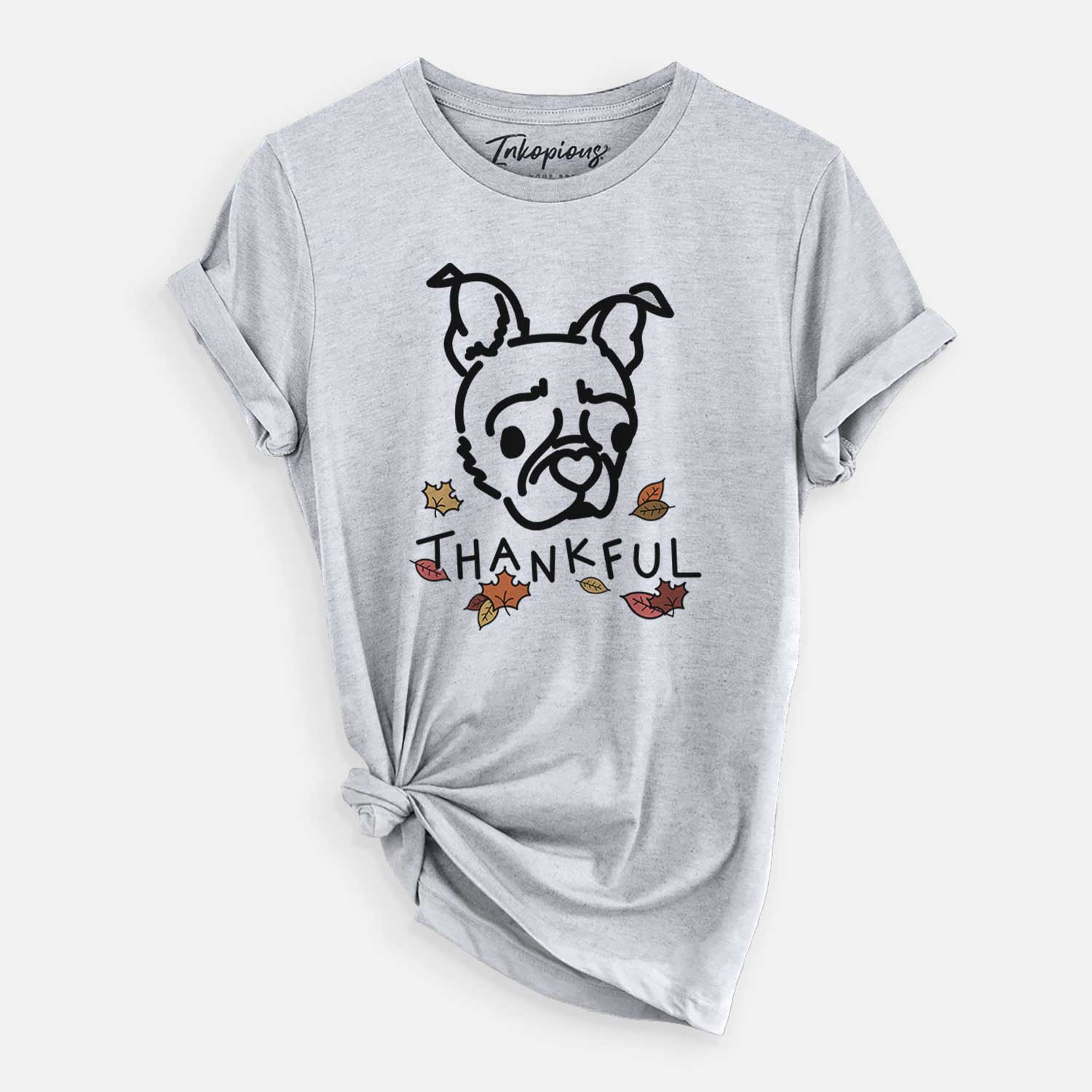Minimalist line drawing of Bella the Pug Boston Terrier Mix with 'Thankful' lettering on a Grey Unisex crewneck