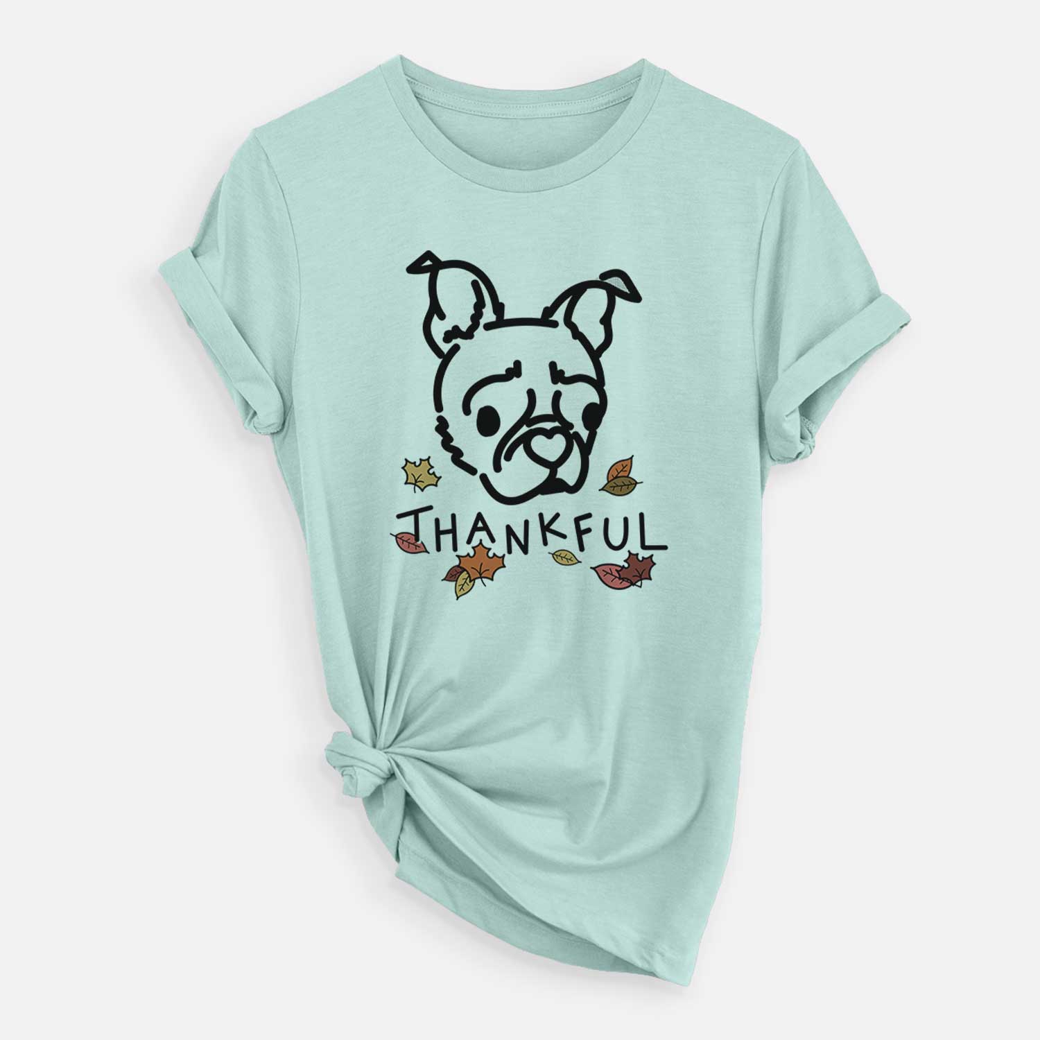Minimalist line drawing of Bella the Pug Boston Terrier Mix with 'Thankful' lettering on a Heather Sage Unisex crewneck