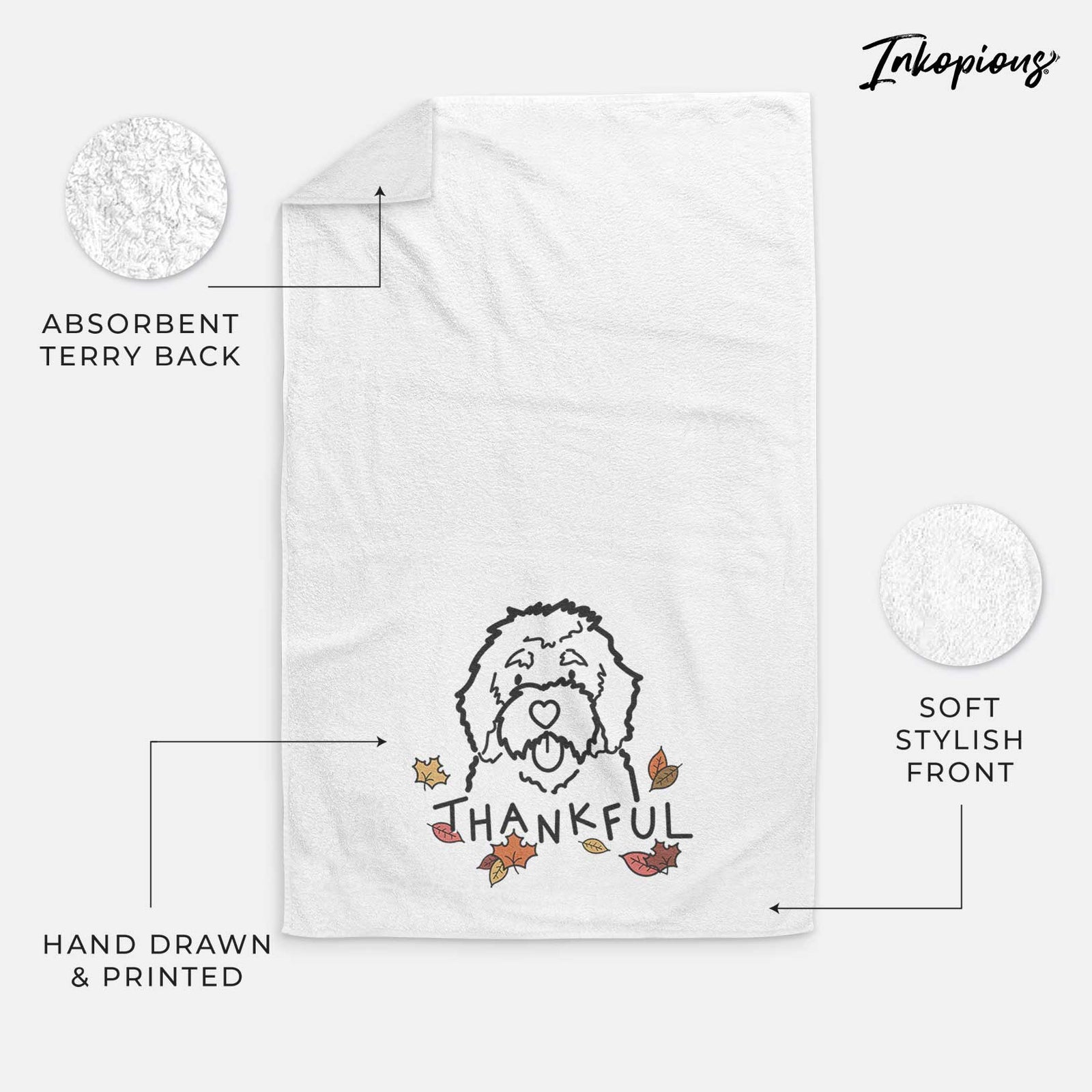 Minimalist line drawing of a Bernedoodle with 'Thankful' lettering on a decorative hand towel