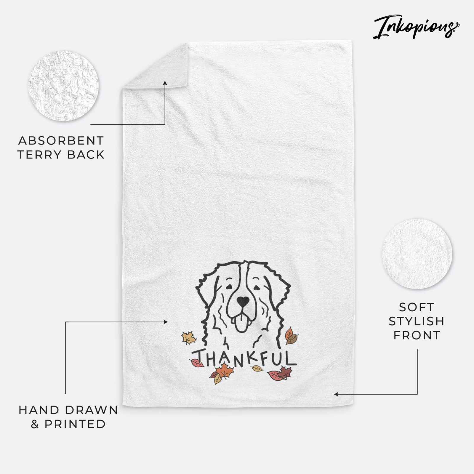 Minimalist line drawing of a Bernese Mountain Dog with 'Thankful' lettering on a decorative hand towel