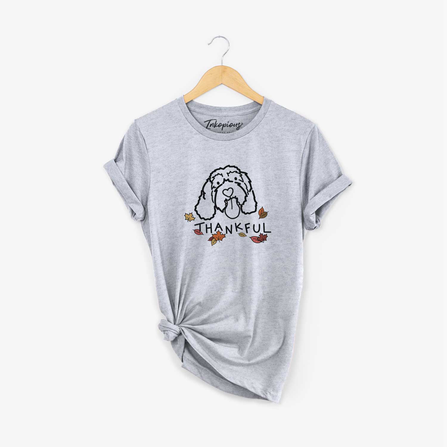 Minimalist line drawing of Bo the Portguese Water Dog with 'Thankful' lettering on a Grey Unisex crewneck
