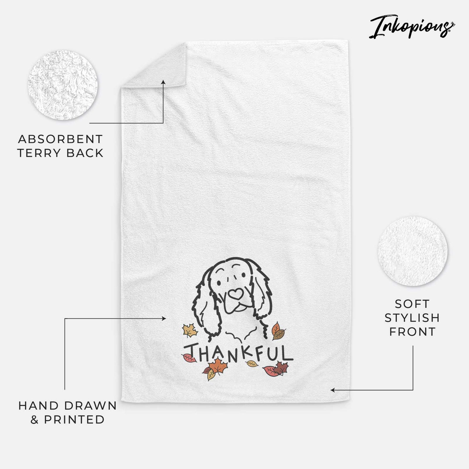 Minimalist line drawing of a Boykin Spaniel with 'Thankful' lettering on a decorative hand towel