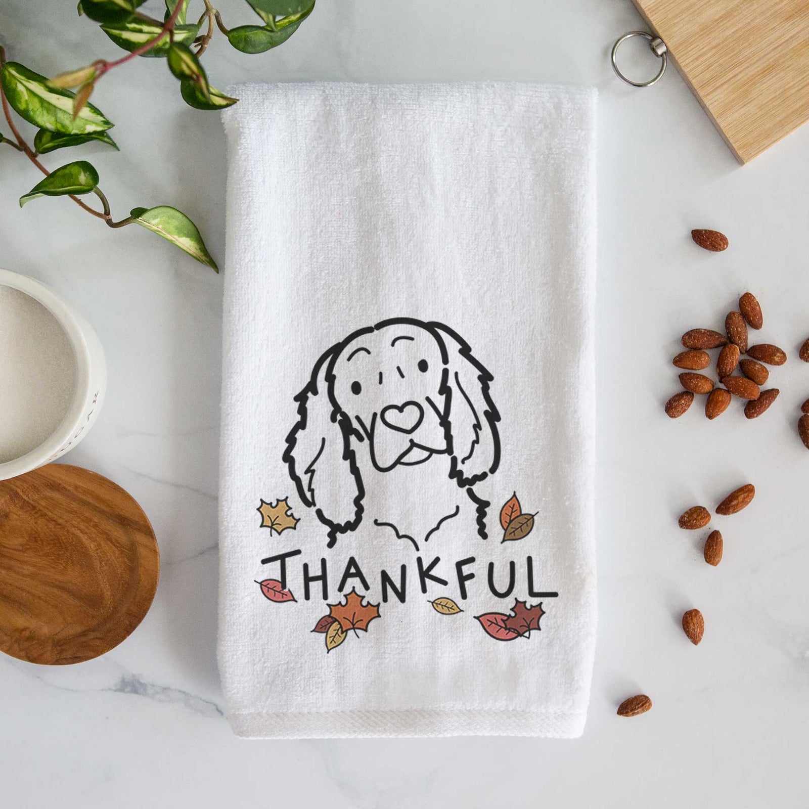 Minimalist line drawing of a Boykin Spaniel with 'Thankful' lettering on a decorative hand towel