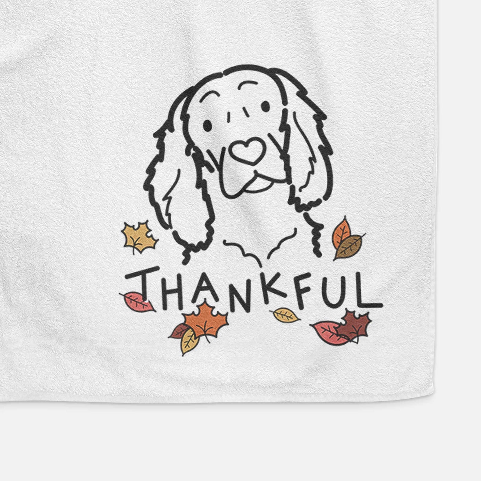 Minimalist line drawing of a Boykin Spaniel with 'Thankful' lettering on a decorative hand towel