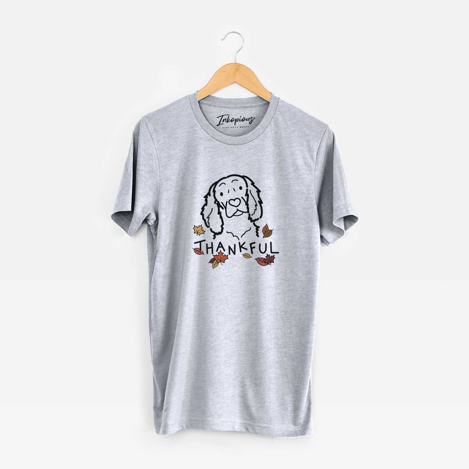 Minimalist line drawing of a Boykin Spaniel with 'Thankful' lettering on a Grey Unisex crewneck
