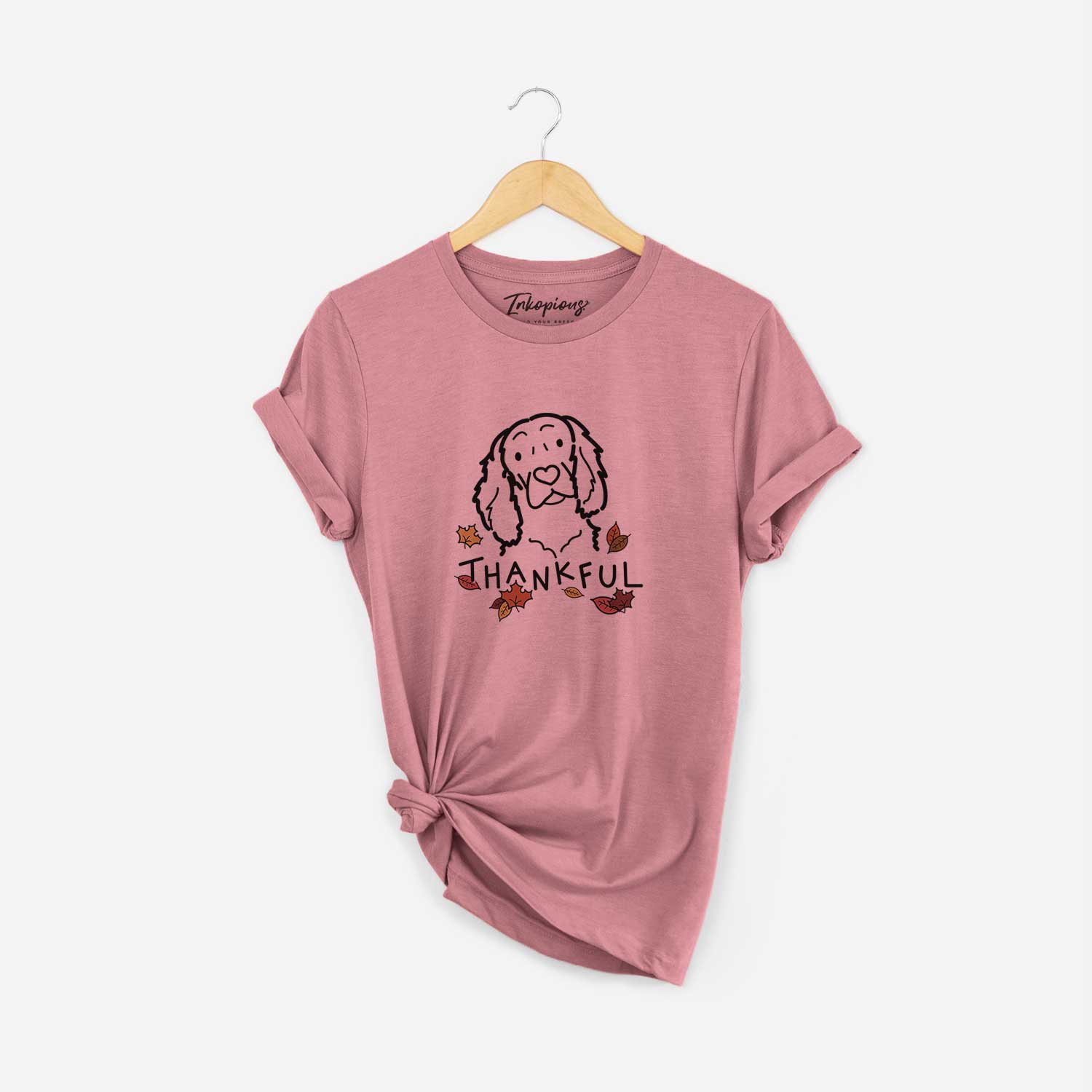 Minimalist line drawing of a Boykin Spaniel with 'Thankful' lettering on a Mauve Unisex crewneck