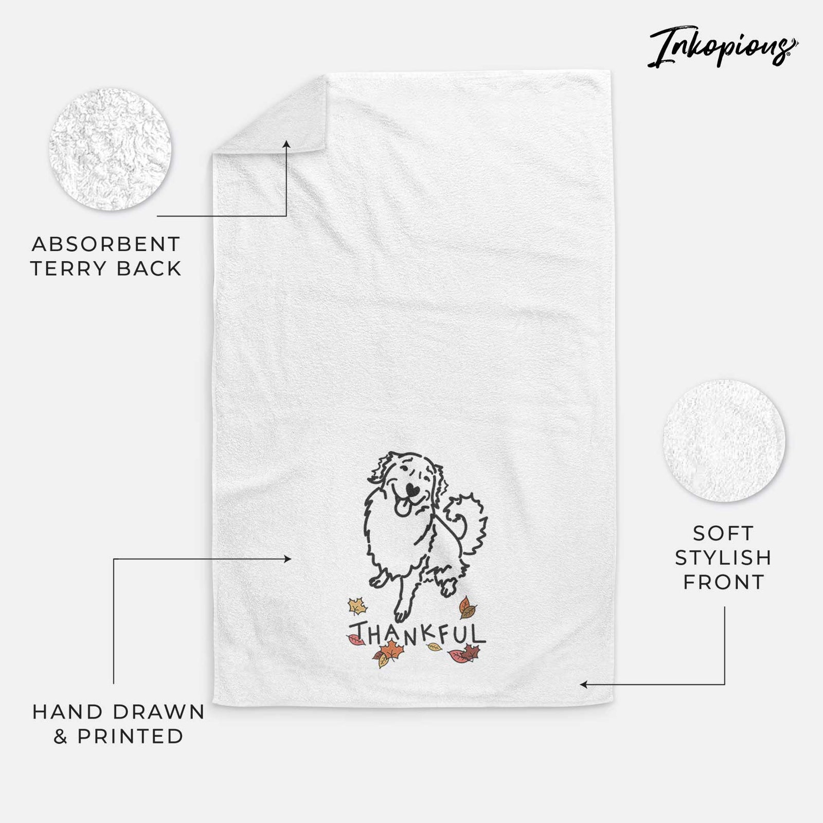 Minimalist line drawing of Brinkley the Golden Retriever with 'Thankful' lettering on a decorative hand towel