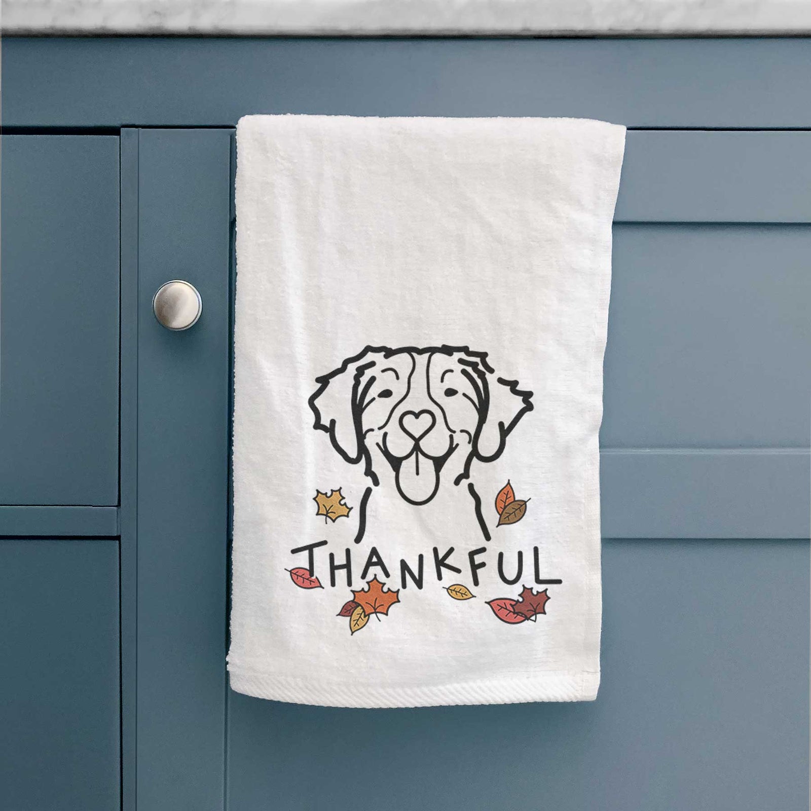 Minimalist line drawing of a Brittany with 'Thankful' lettering on a decorative hand towel