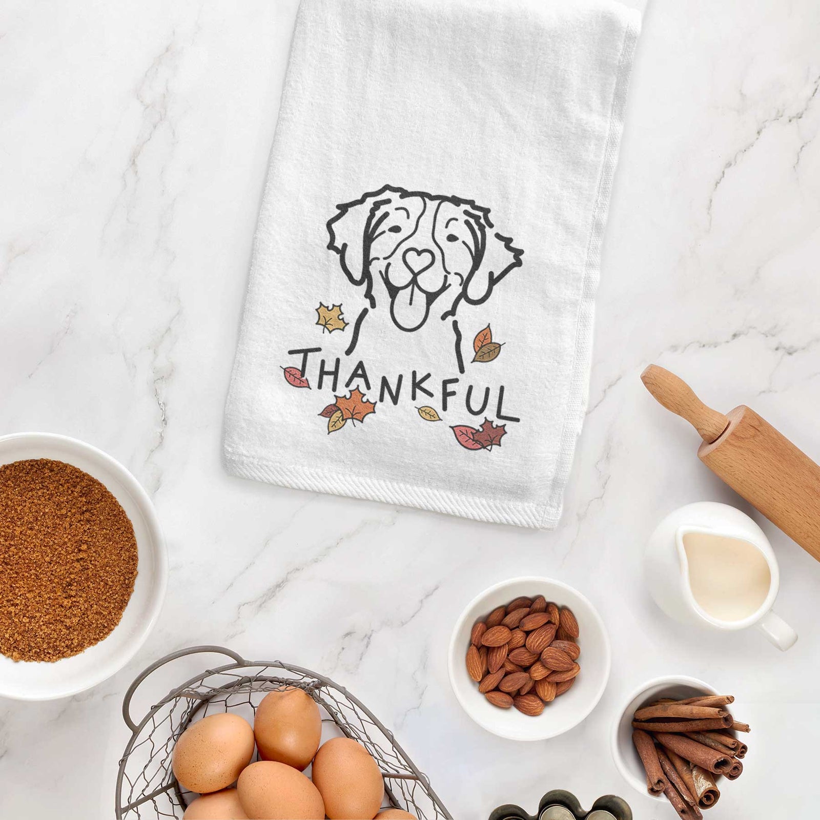 Minimalist line drawing of a Brittany with 'Thankful' lettering on a decorative hand towel