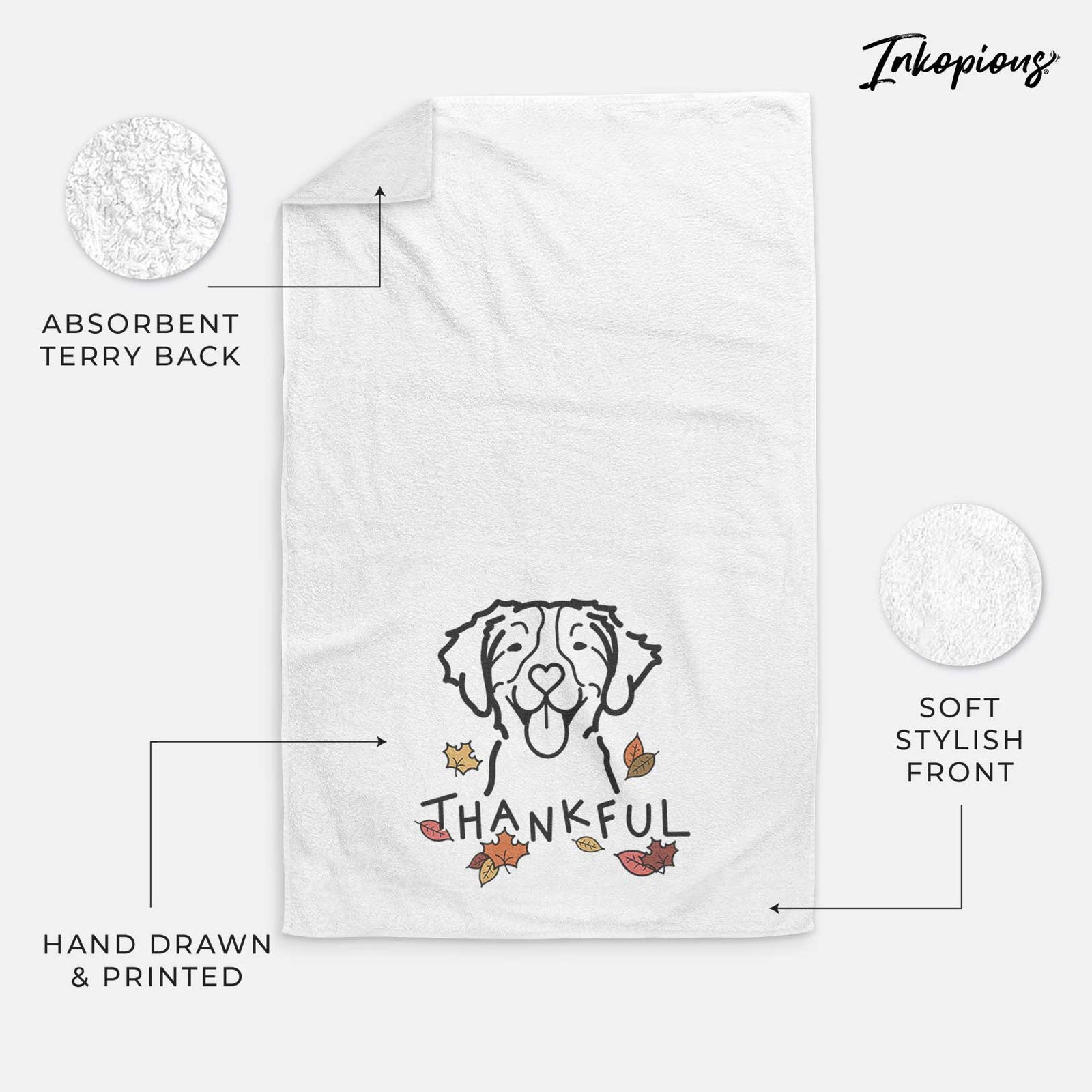 Minimalist line drawing of a Brittany with 'Thankful' lettering on a decorative hand towel