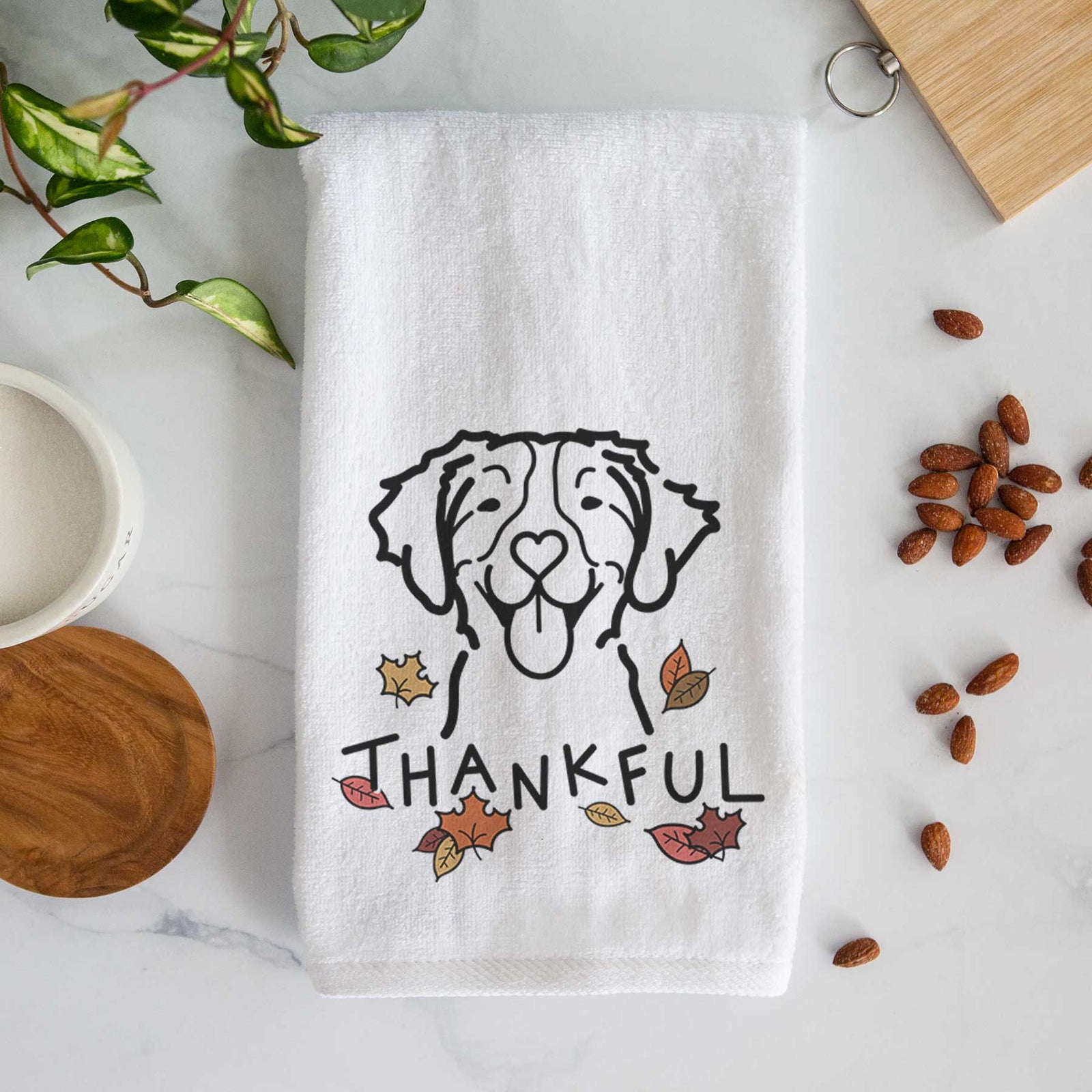 Minimalist line drawing of a Brittany with 'Thankful' lettering on a decorative hand towel