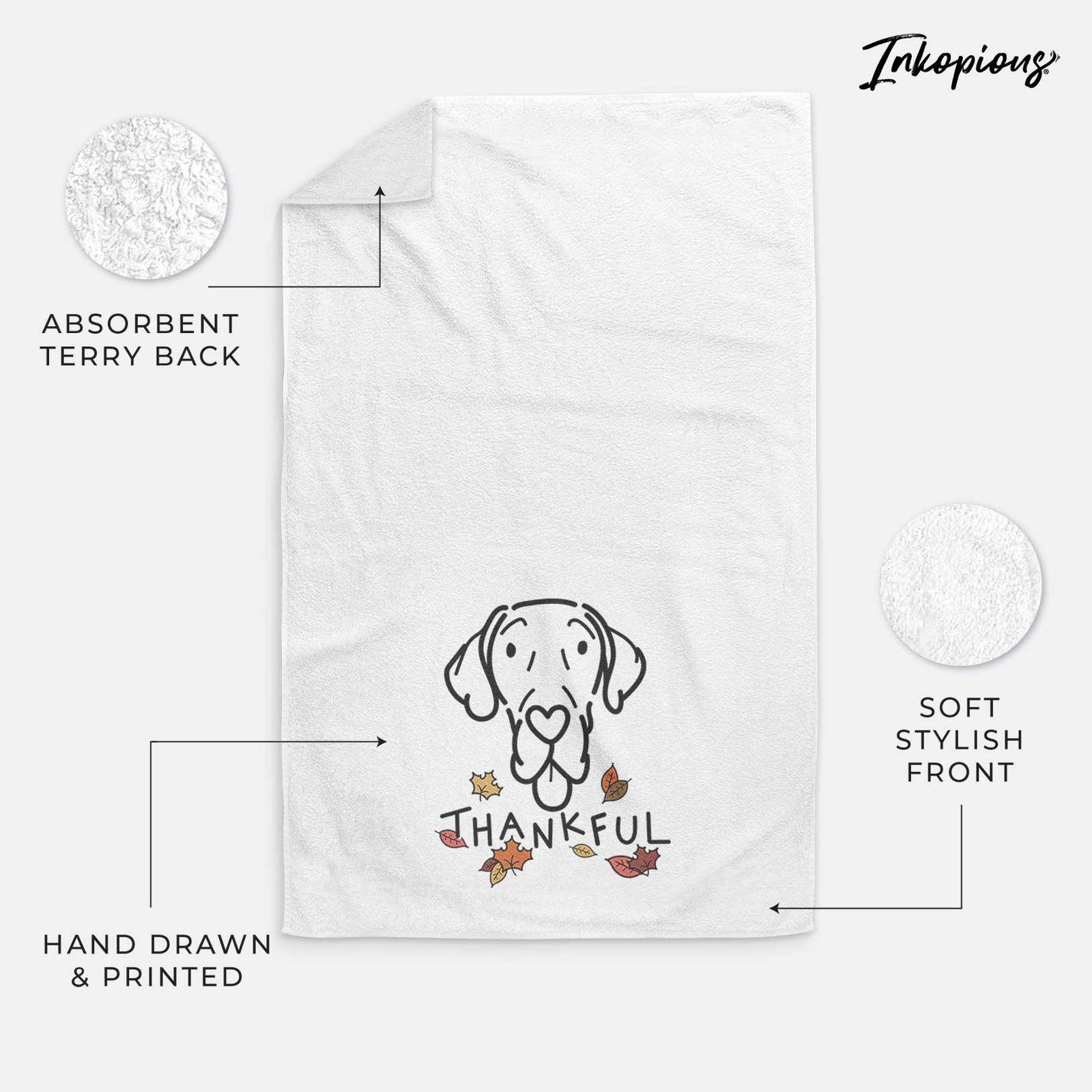 Minimalist line drawing of Bruce the Great Dane with 'Thankful' lettering on a decorative hand towel