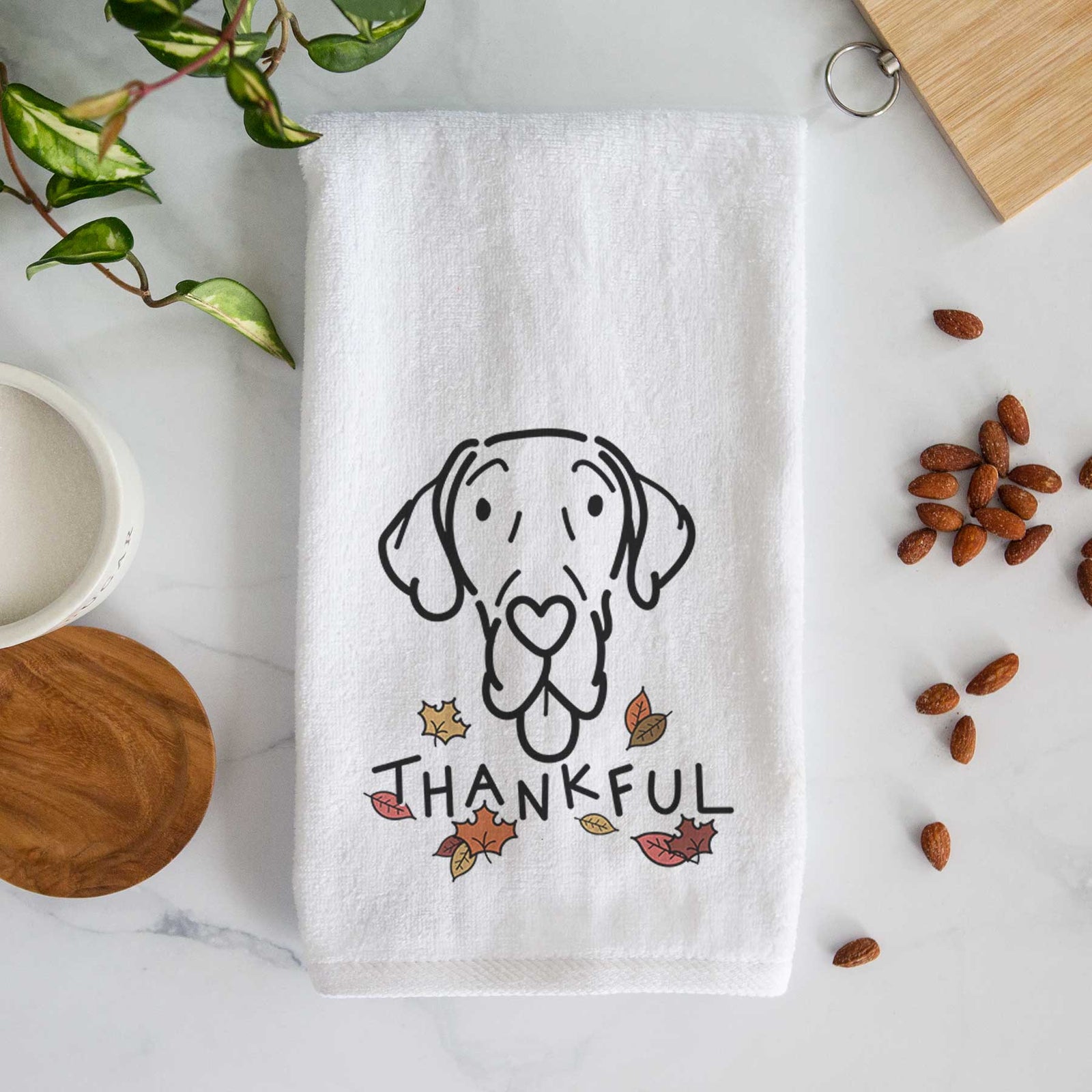 Minimalist line drawing of Bruce the Great Dane with 'Thankful' lettering on a decorative hand towel