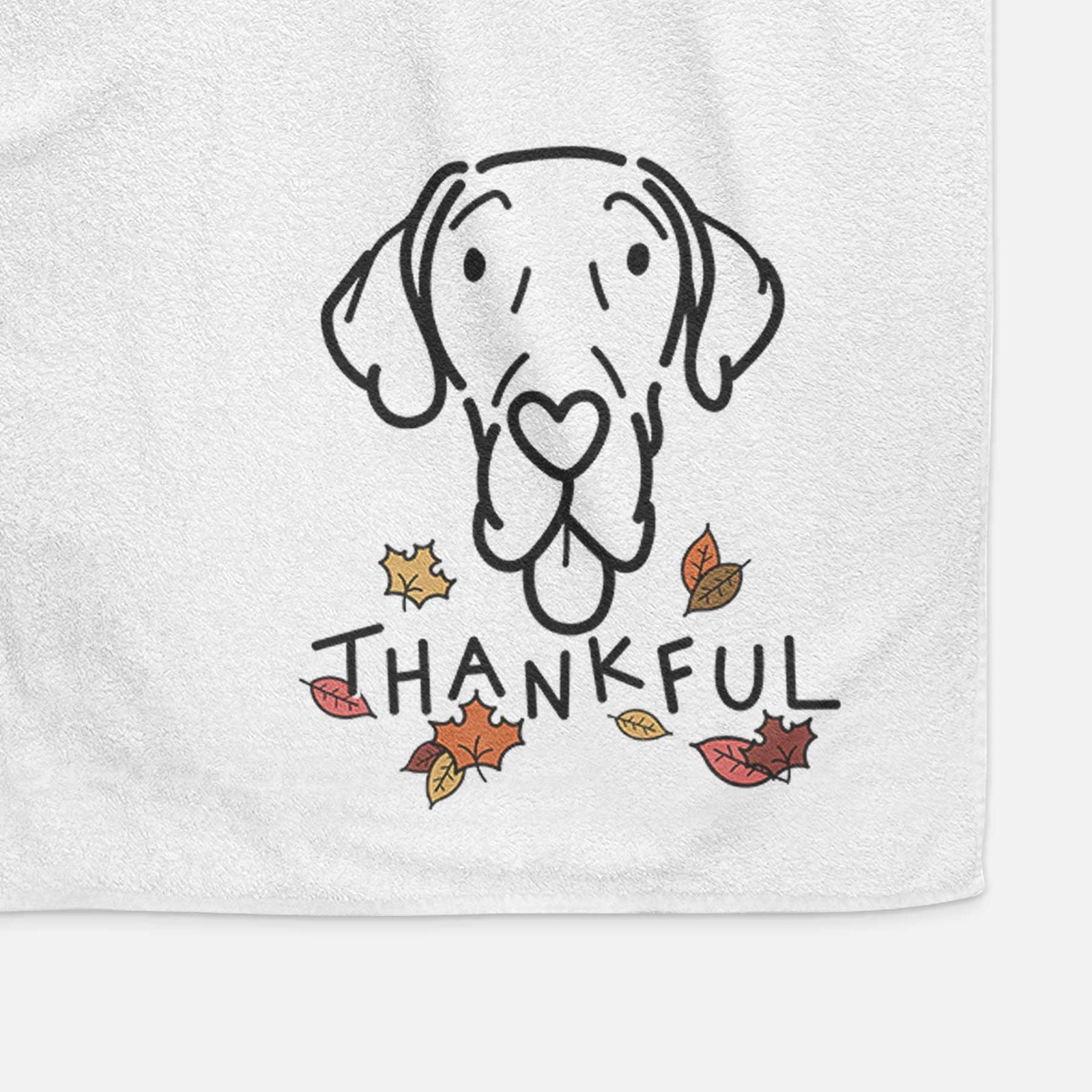 Minimalist line drawing of Bruce the Great Dane with 'Thankful' lettering on a decorative hand towel