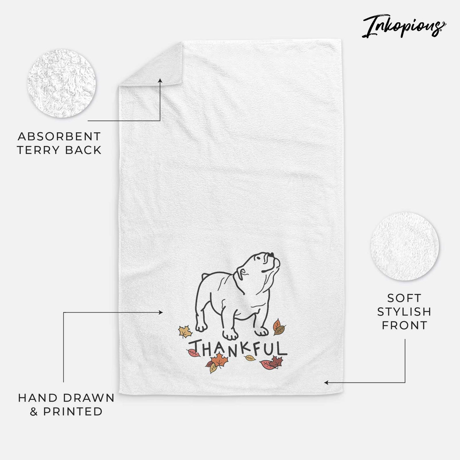 Minimalist line drawing of Bruno the English Bulldog with 'Thankful' lettering on a decorative hand towel