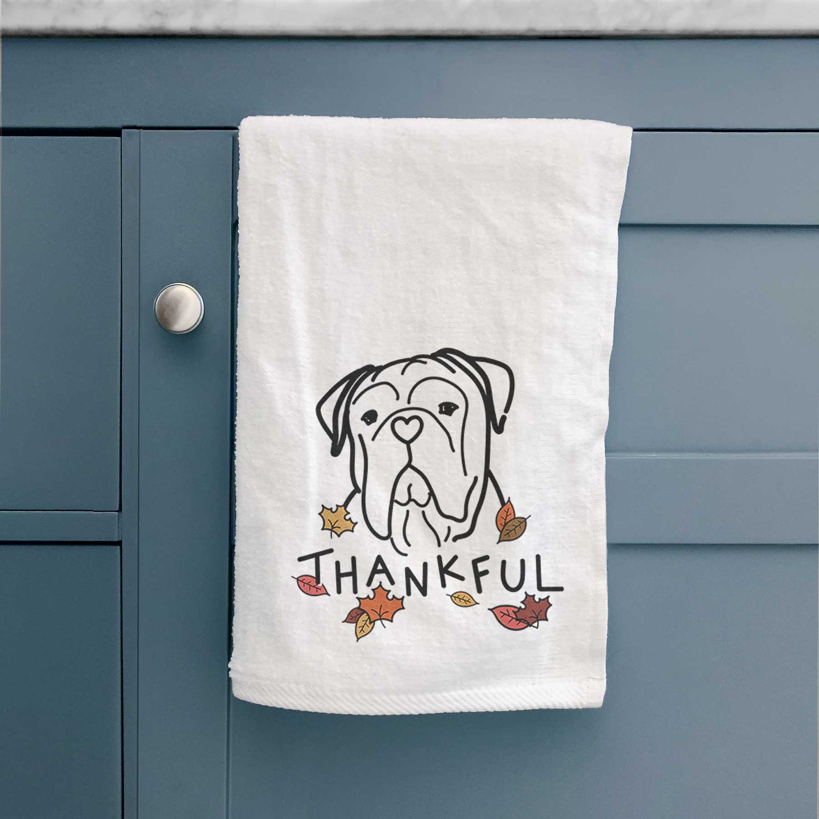 Minimalist line drawing of Vivian the Bull Mastiff with 'Thankful' lettering on a decorative hand towel